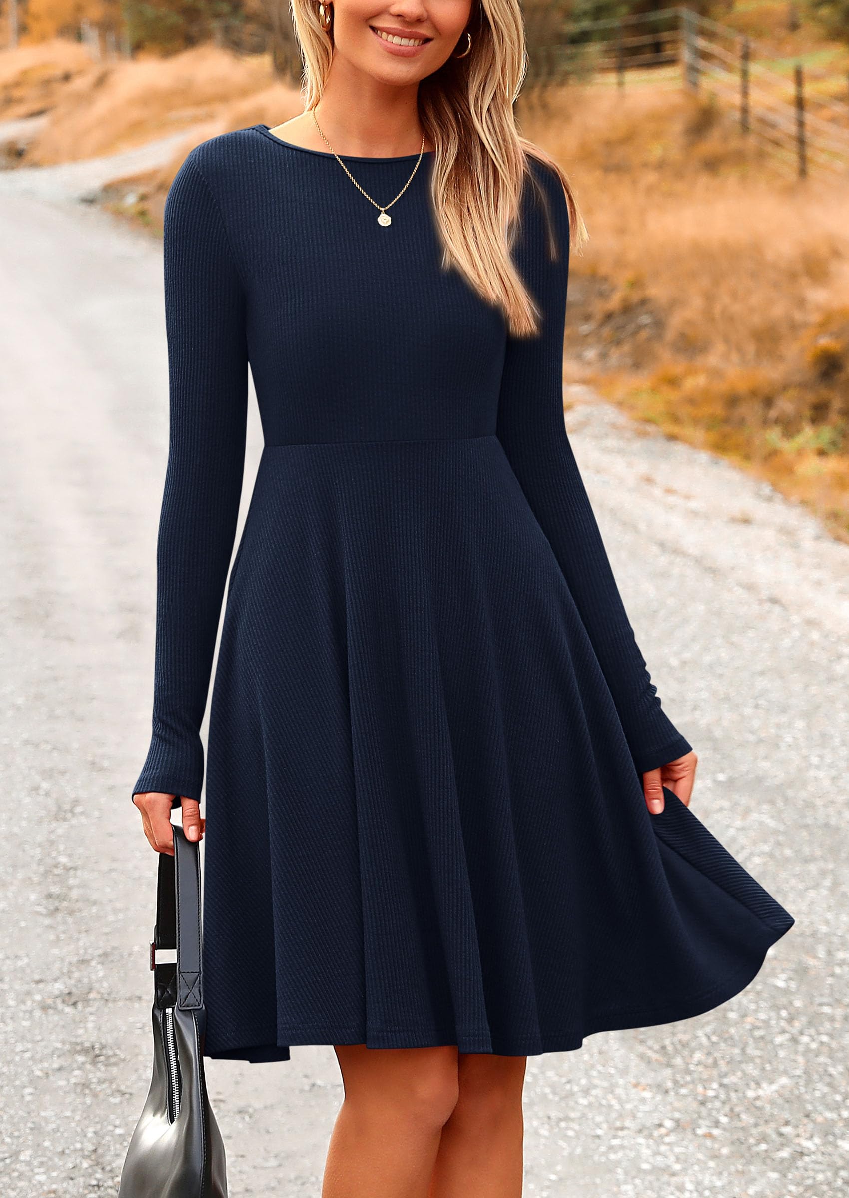 Women's Fall Casual Long Sleeve Short Dress (Navy,S)