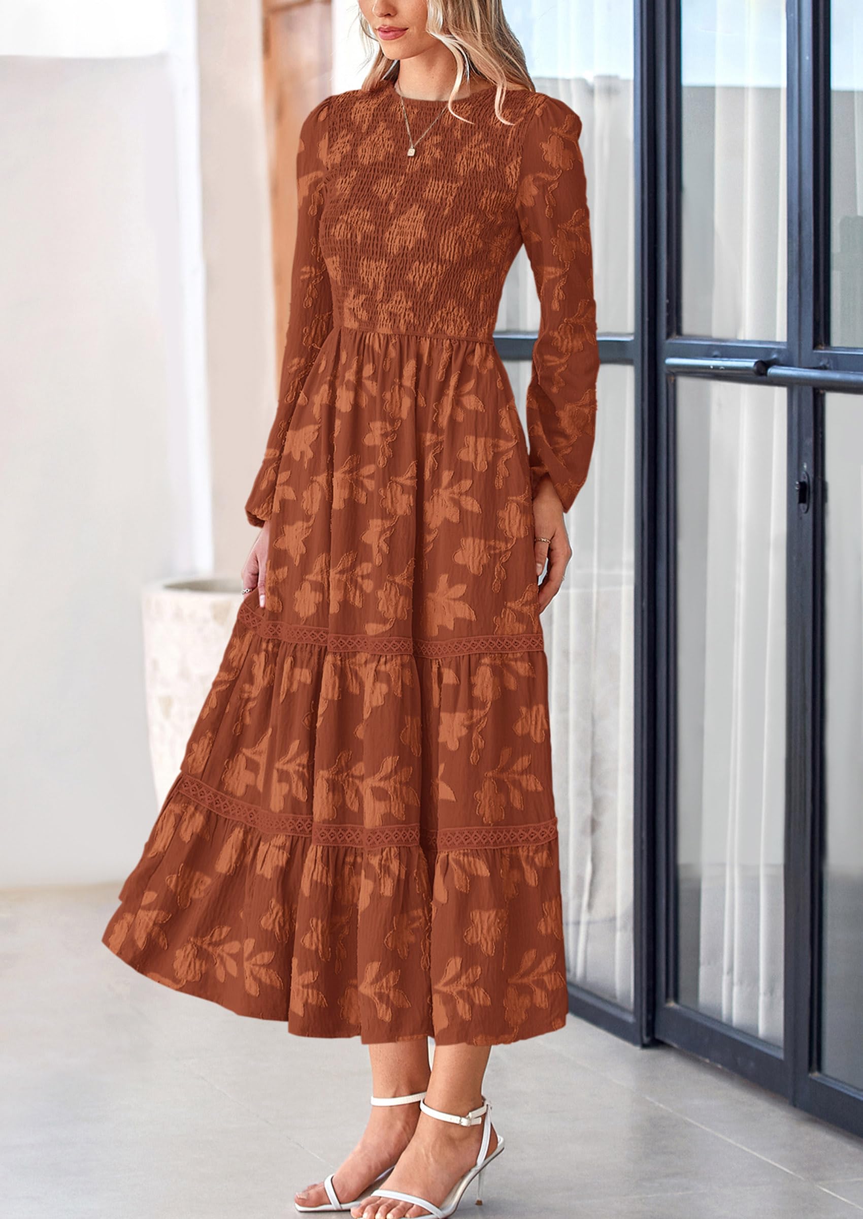 Women's Long Sleeve Boho Floral Midi Dress, Brick Red,S