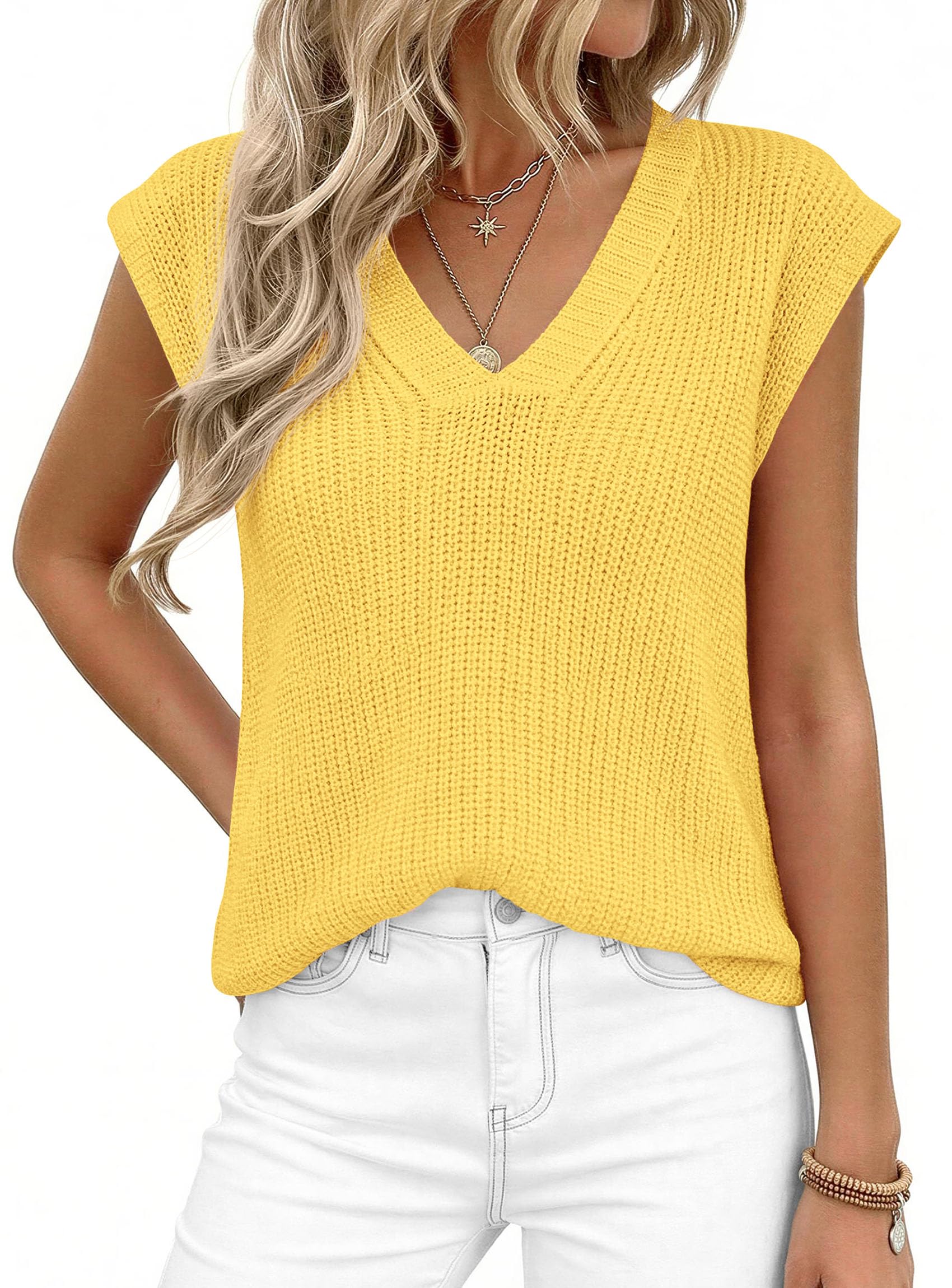 Women's Cap Sleeve Sweaters Vest Summer Tops (Yellow,S)