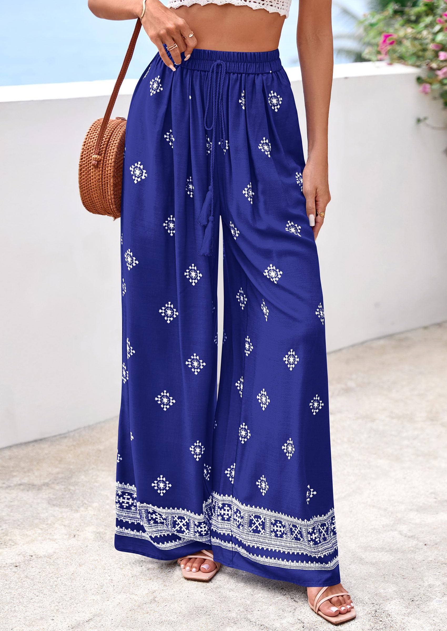 Wide Leg Flowy Boho Pants for Women, Royal Blue,S