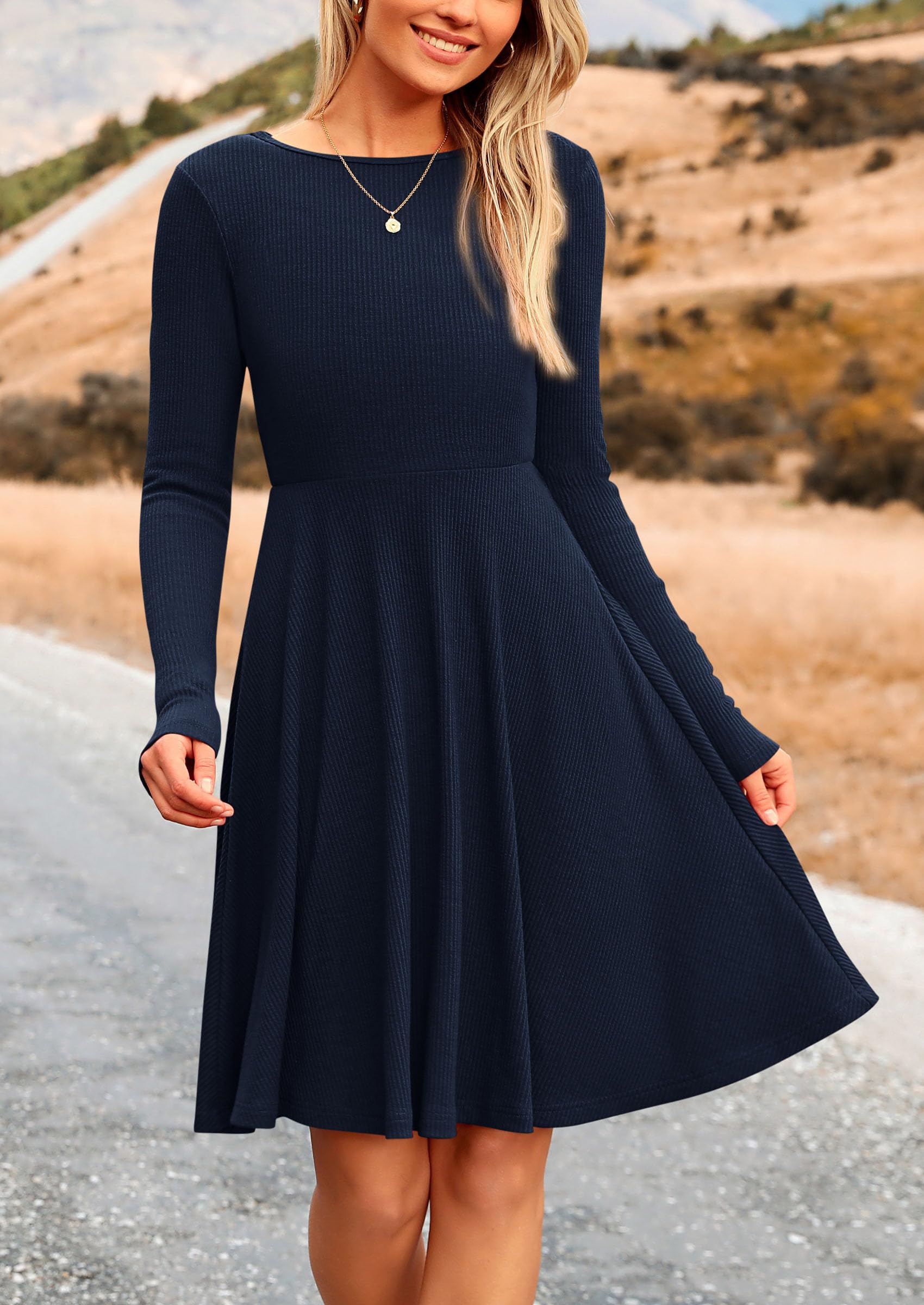 Women's Fall Casual Long Sleeve Short Dress (Navy,S)