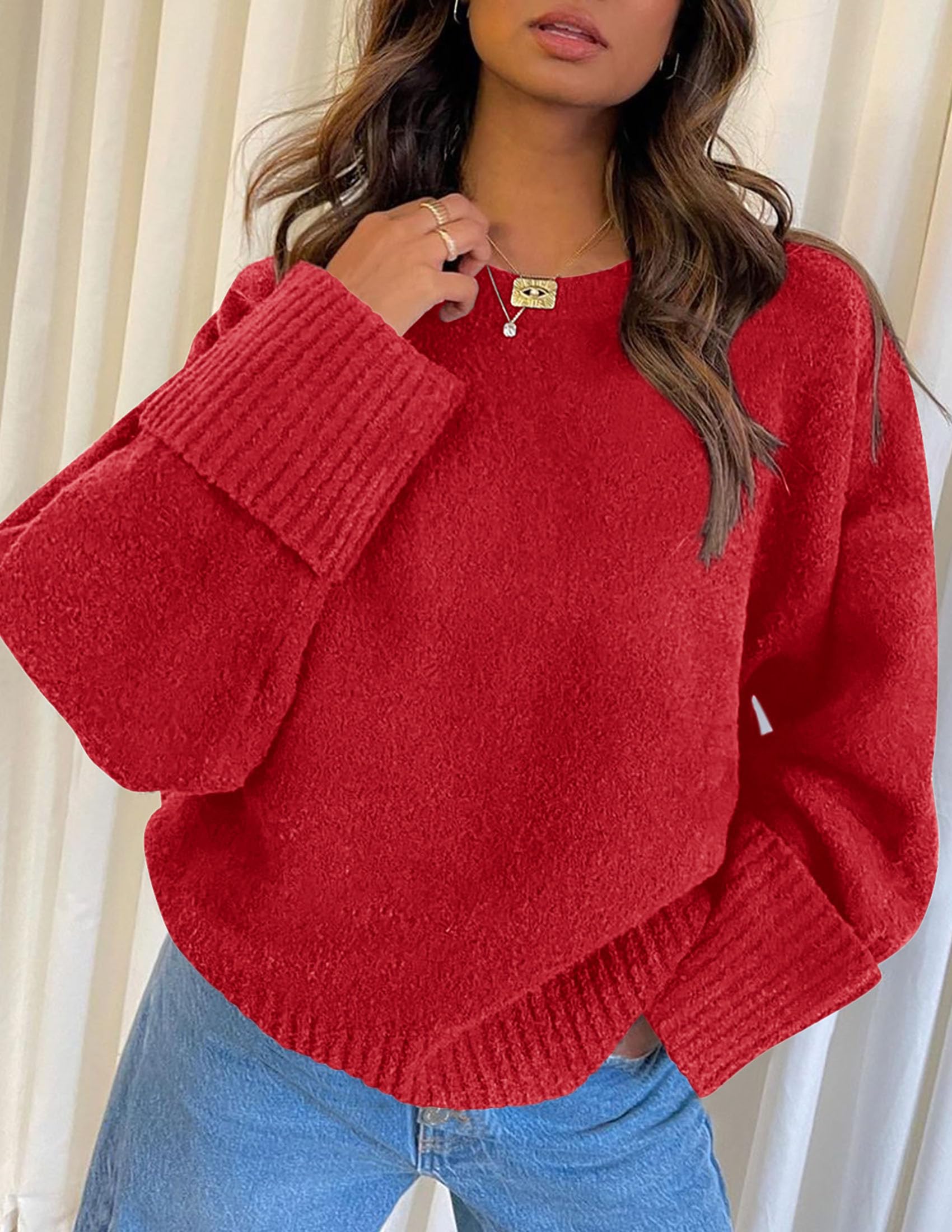 Women's Fall Fashion Cozy Oversized Sweaters(Bright Red,XS)