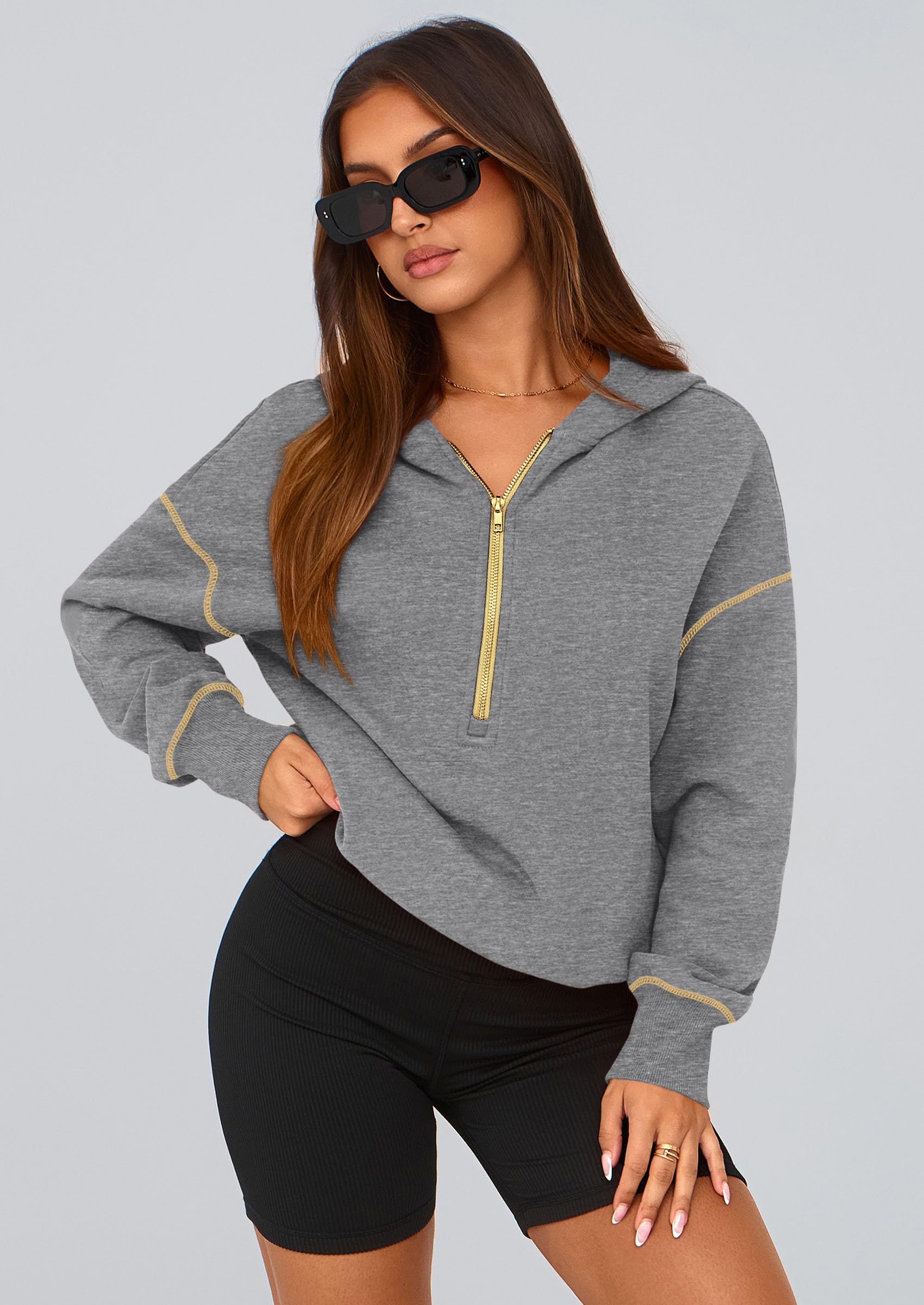 Women's Fall Half Zip Cropped Hoodie Sweatshirt Dark Grey