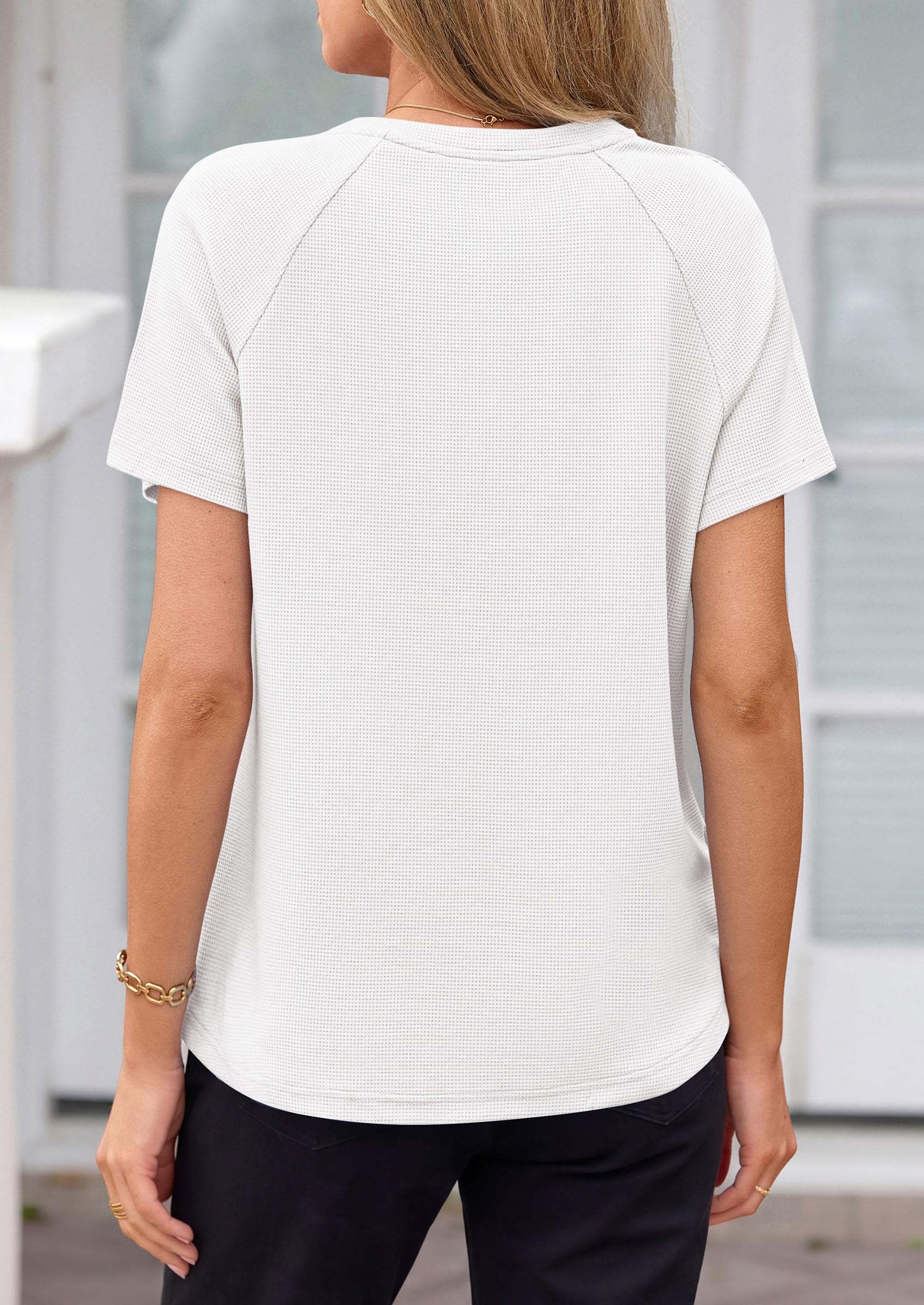 Women's Short Sleeve Waffle Knit Henley Shirts, White,S