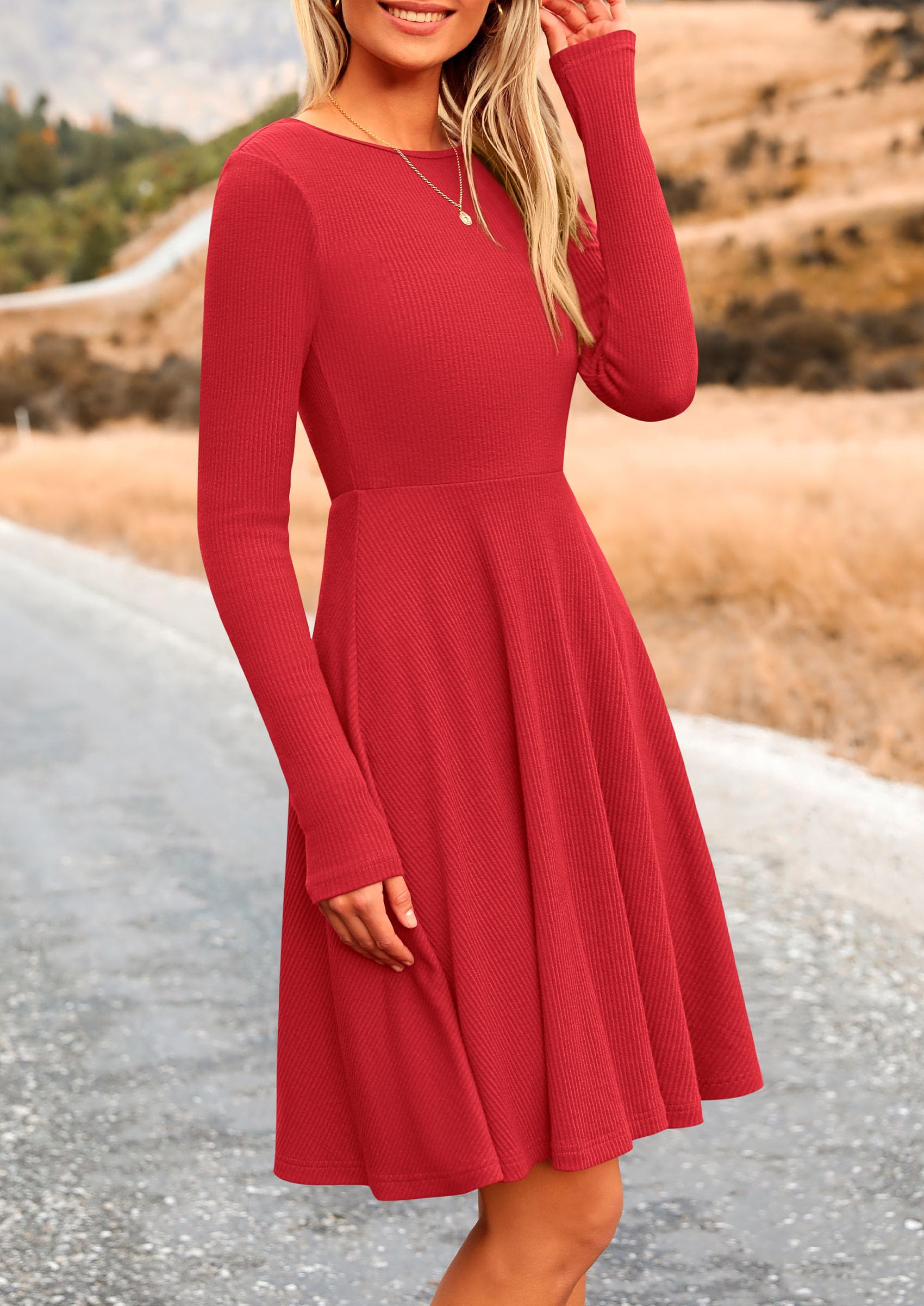 Women's Fall Casual Long Sleeve Short Dress (Red,S)