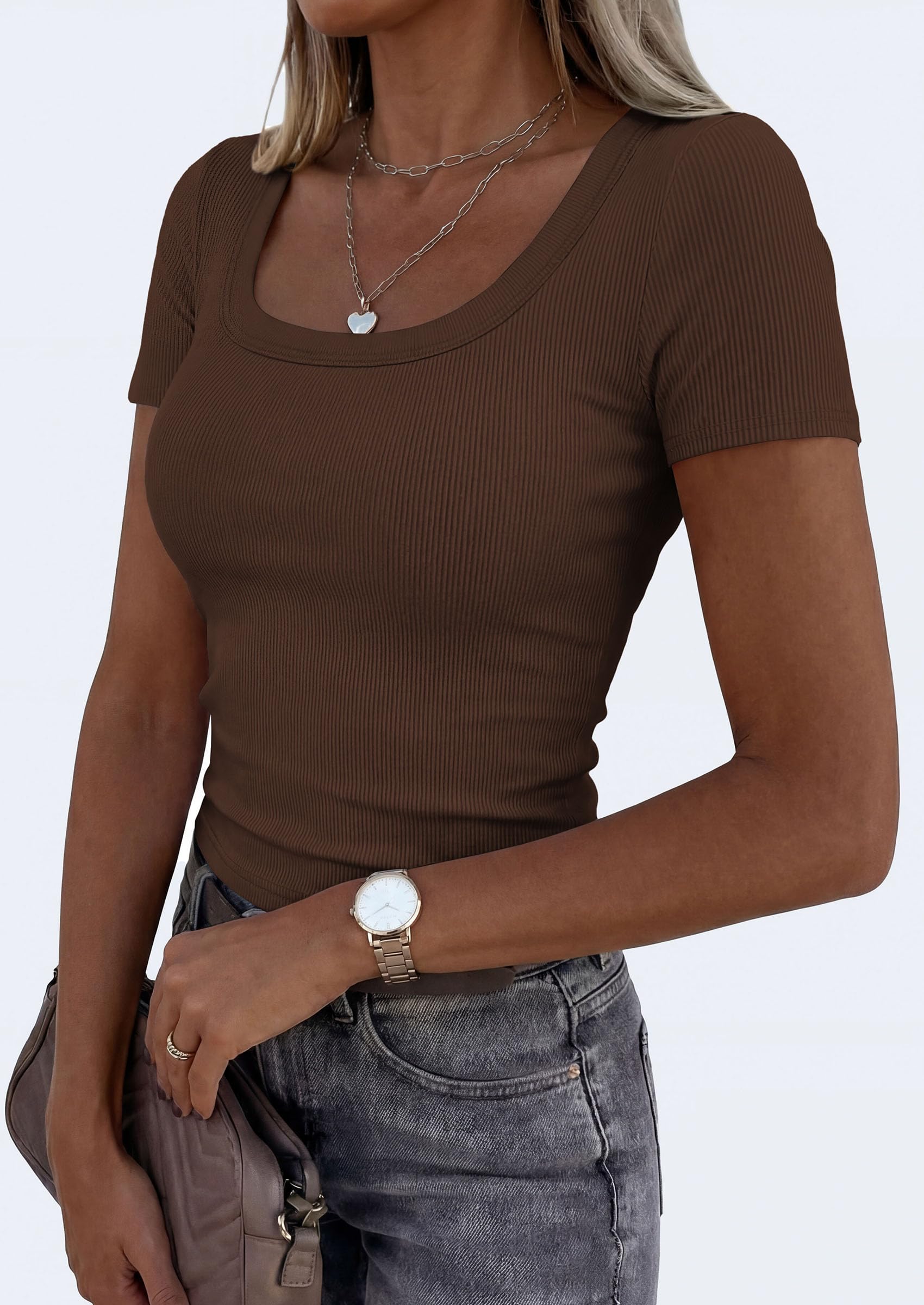 Womens Summer Short Sleeve Scoop Neck Tops,Coffee,S
