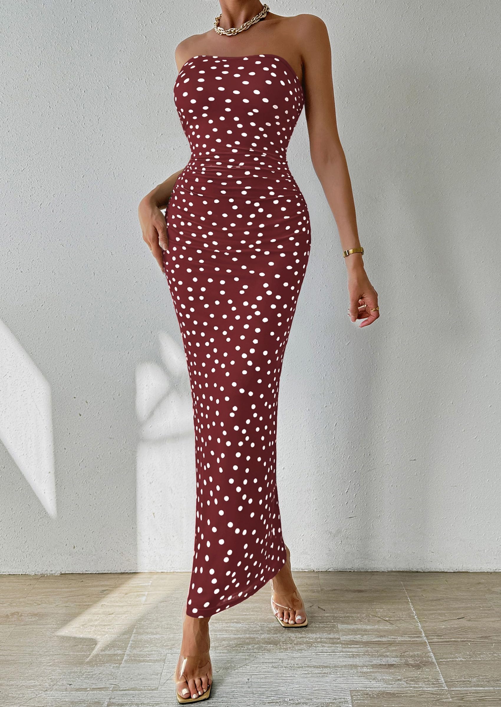 Womens Strapless Bodycon Maxi Dress, 01 Dot Burgundy White,S