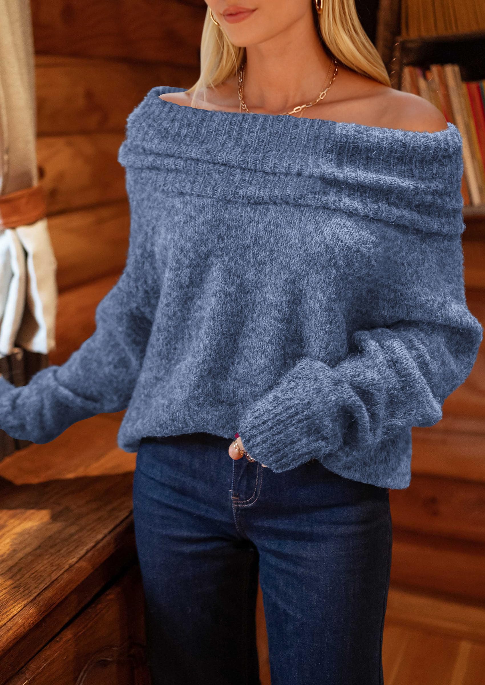 Women's Fall Off The Shoulder Sweater,Mist Blue,S