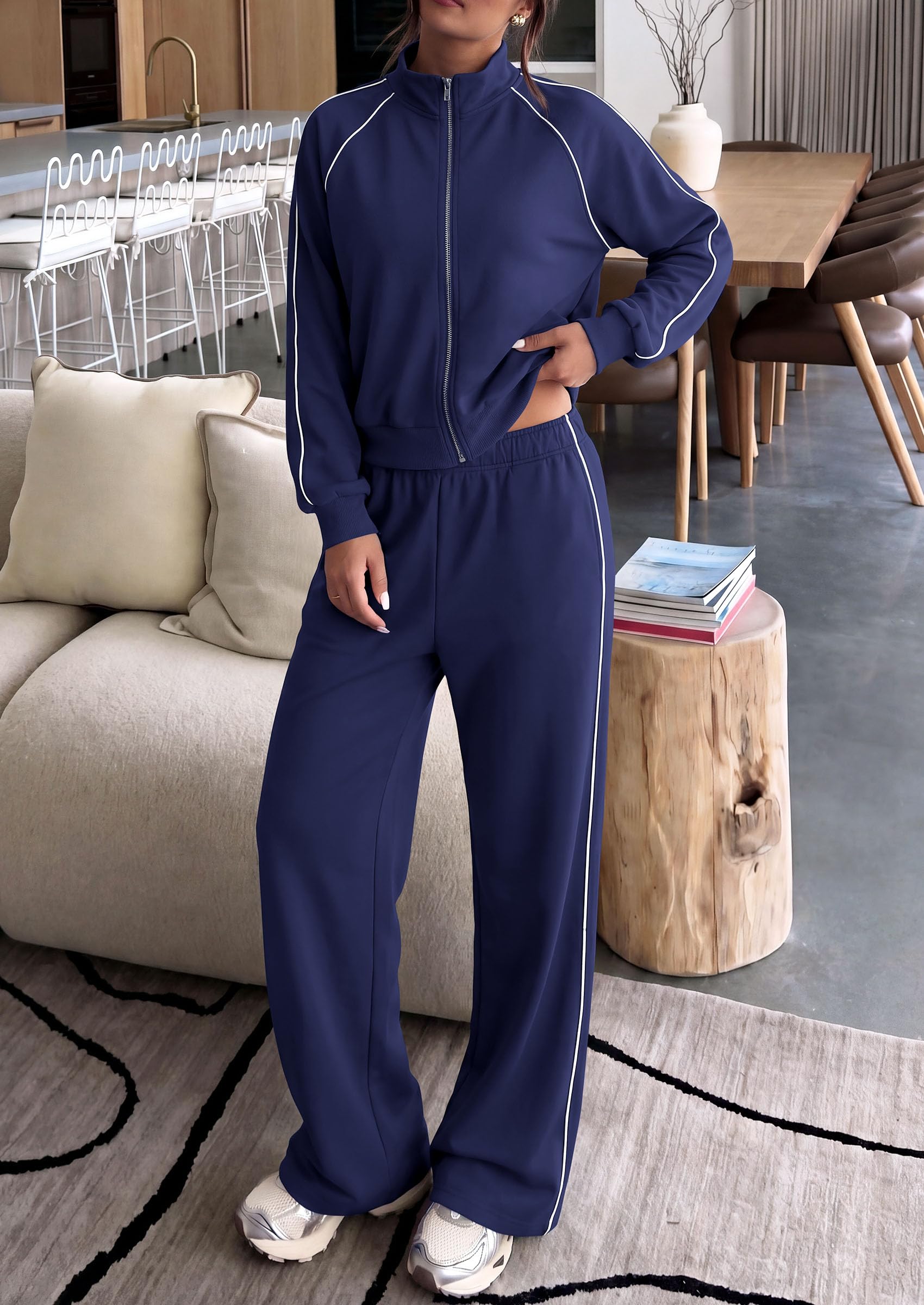 Women's 2 Piece Sweat Set Casual Fall Outfits,Navy Blue,S