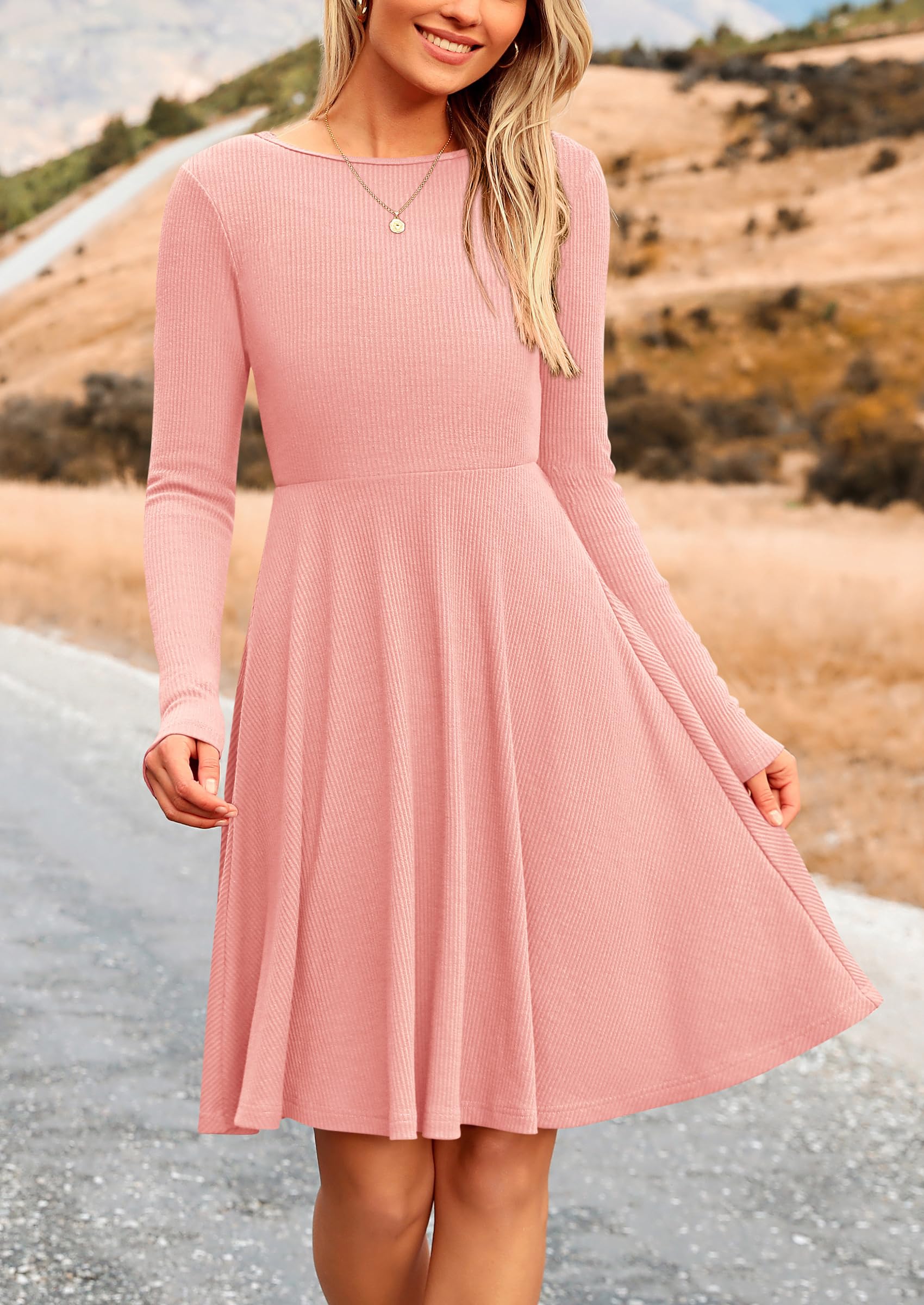 Women's Fall Casual Long Sleeve Short Dress (Pink,S)