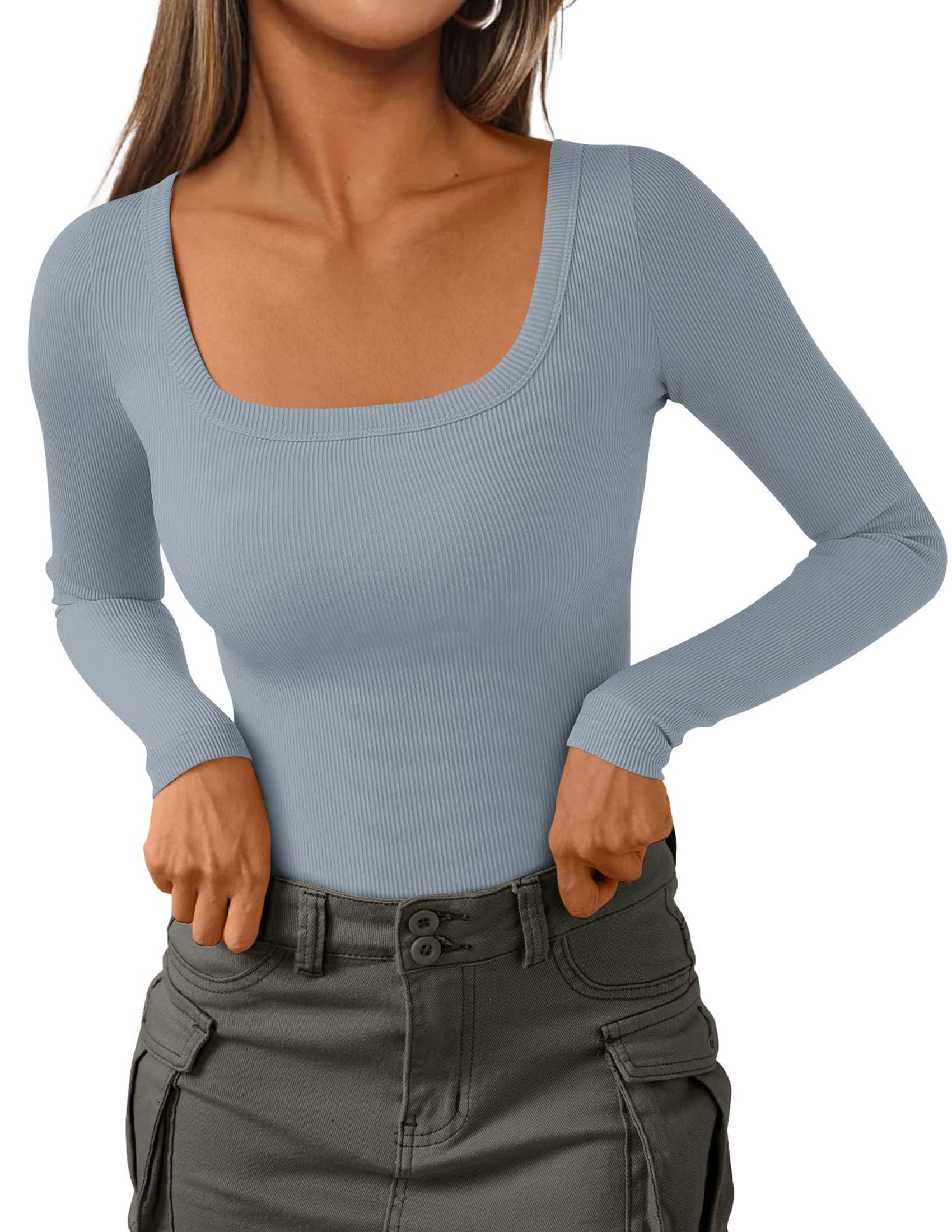 Square Neck Long Sleeve Shirts for Women Light Grey,XS