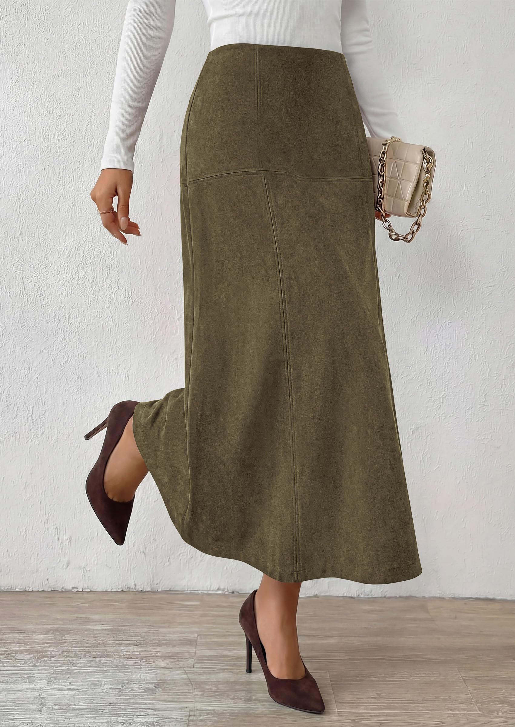 Womens High Waist Faux Suede A Line Midi Skirt,Army Green,S