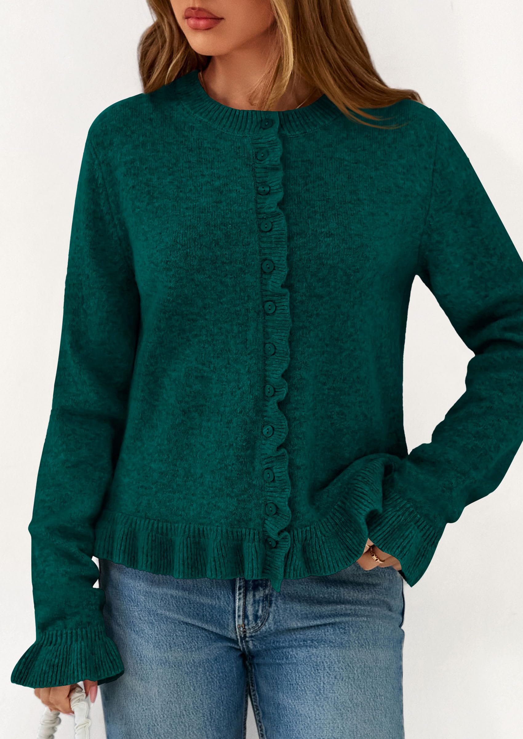 Womens Ruffle Button Down Cardigan Sweaters,Dark Green,S
