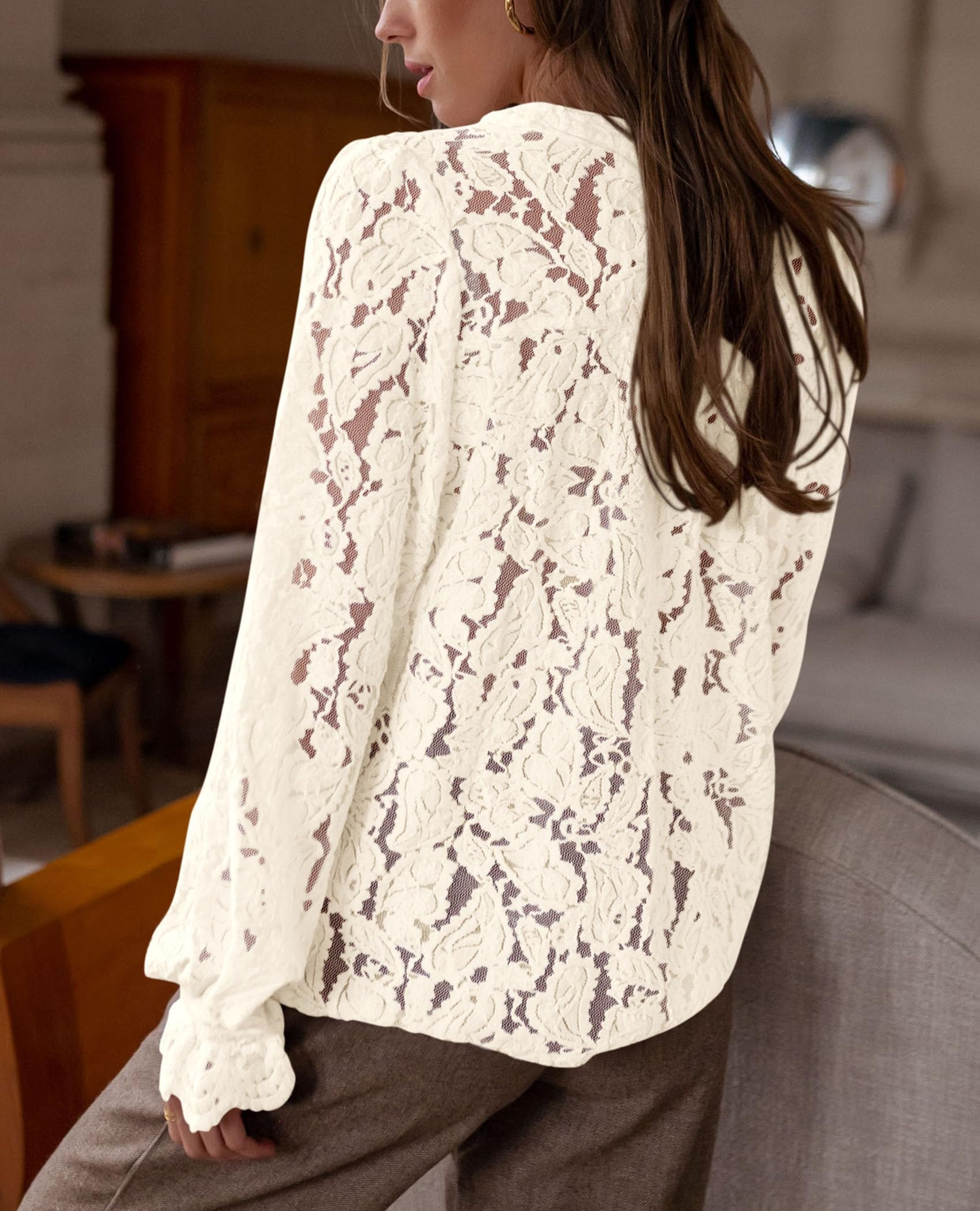 Women's Fall Trendy Long Sleeve Lace Tops(Beige,Medium)