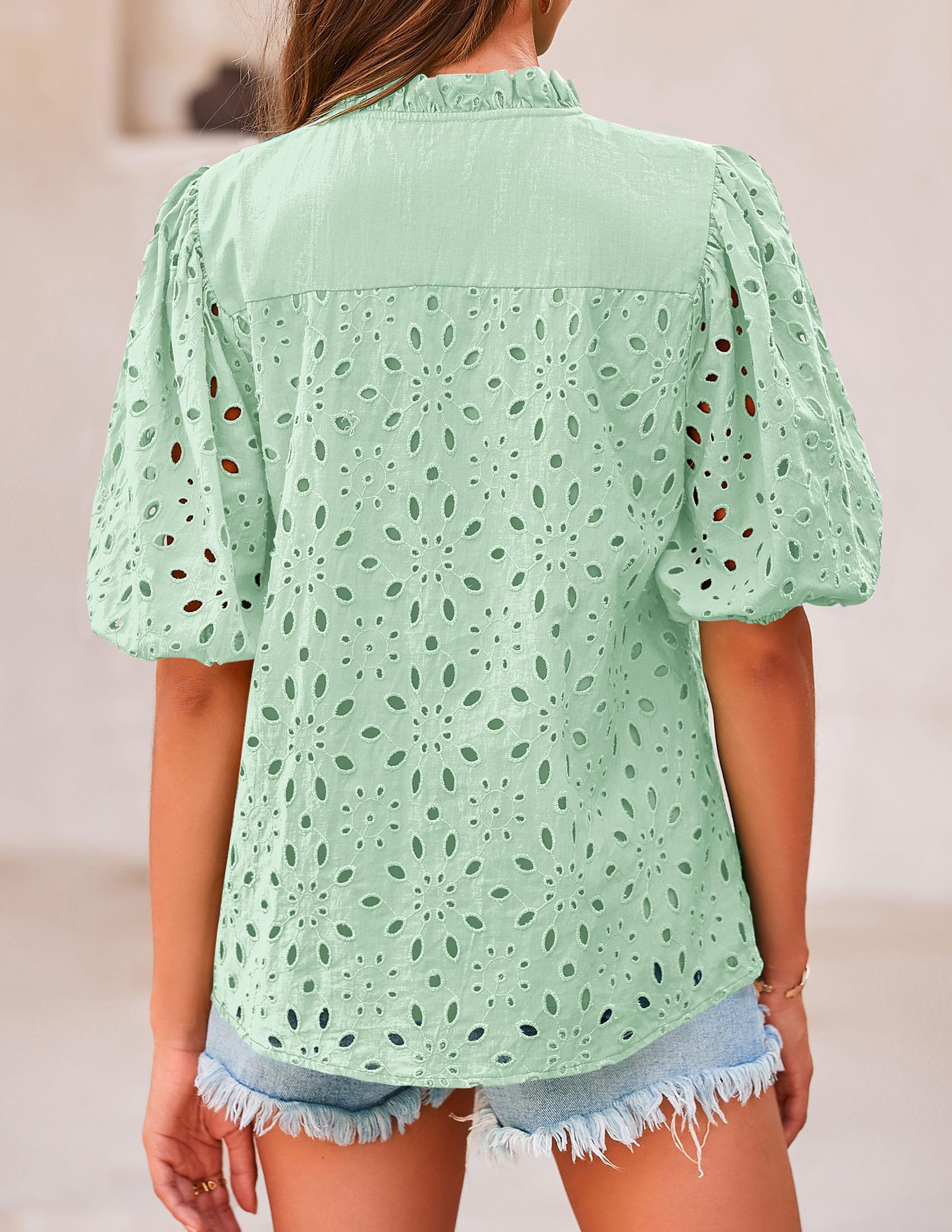 Womens Tops Boho Eyelet Puff Sleeve Blouse, Light Green,S