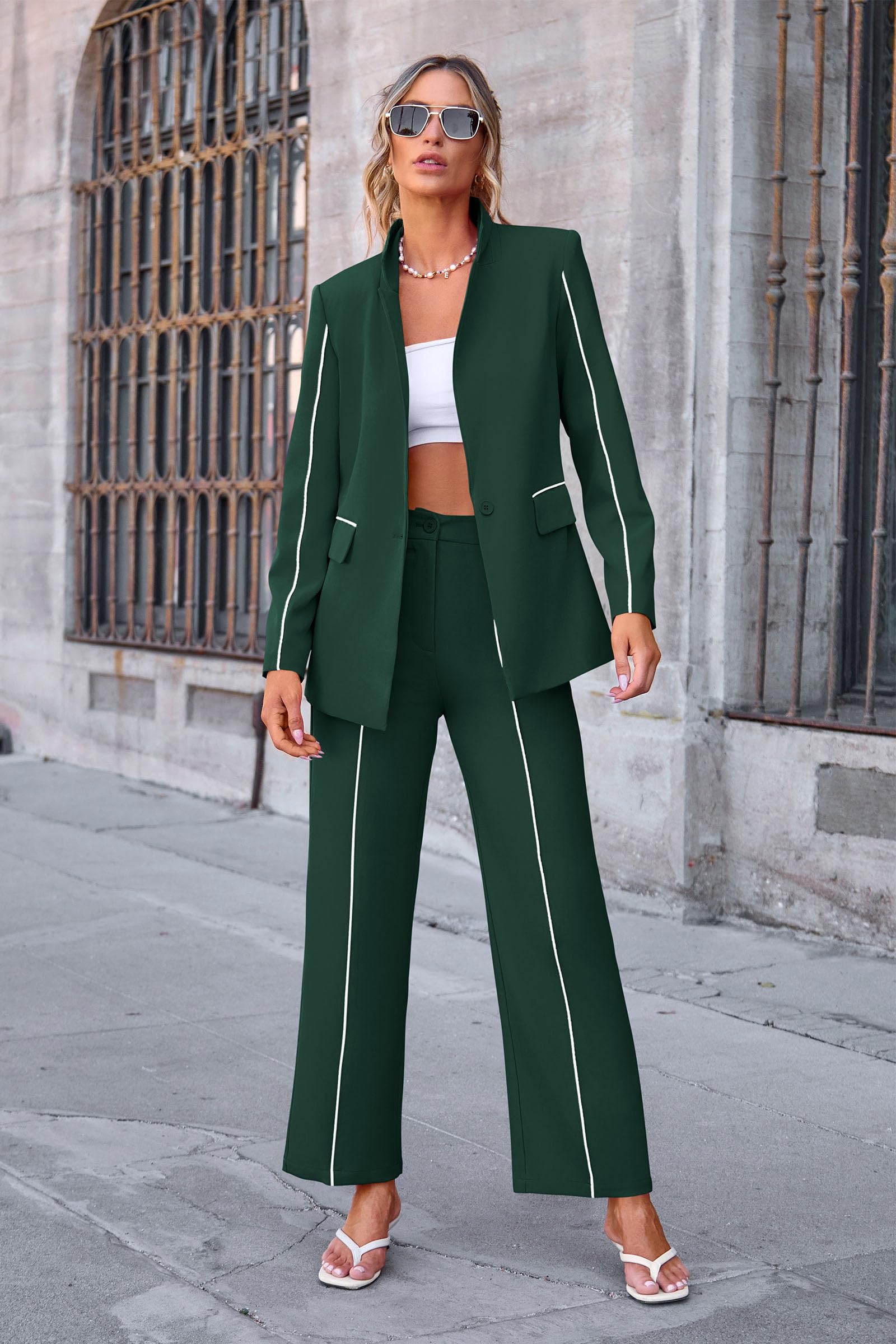 Women's 2 Piece Blazer Business Casual Outfits(Dark Green,L)