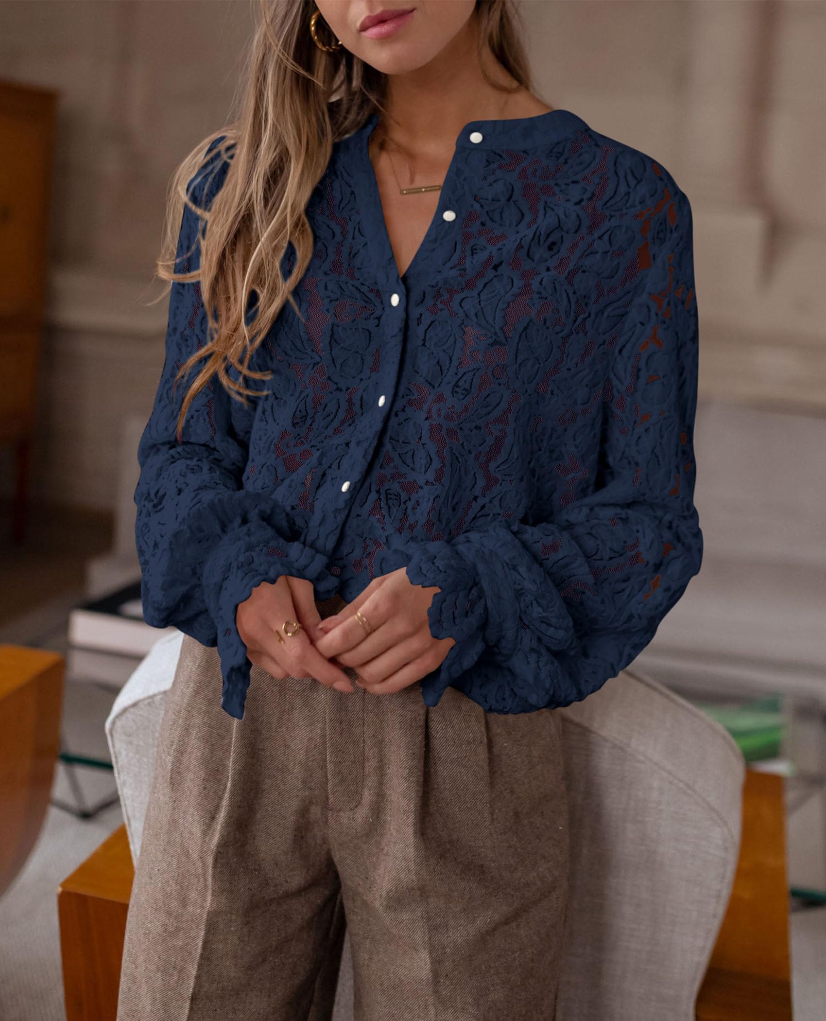 Women's Fall Trendy Long Sleeve Lace Tops(Navy,Small)