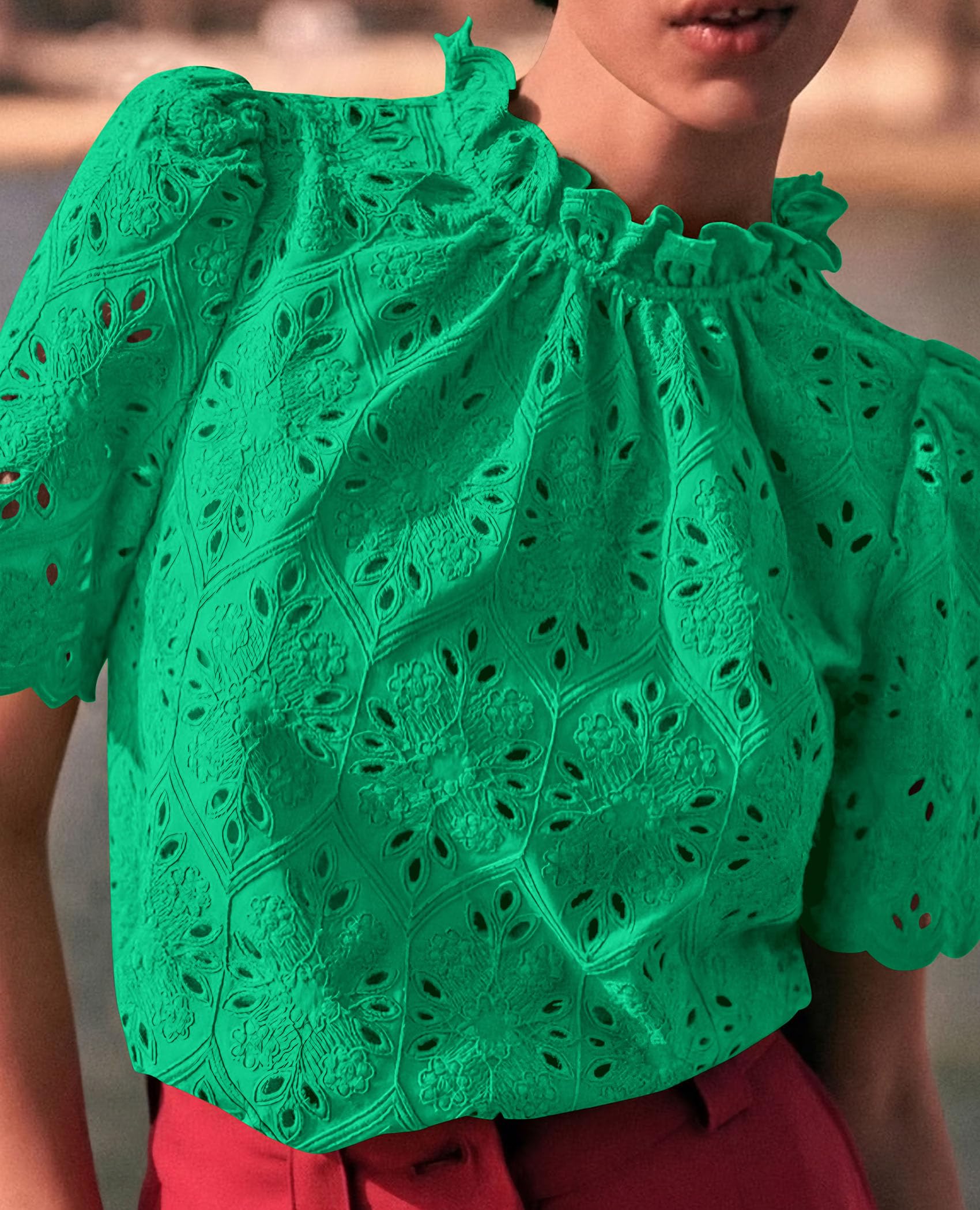 Women Summer Tops Eyelet Embroidered Shirts,Green,M