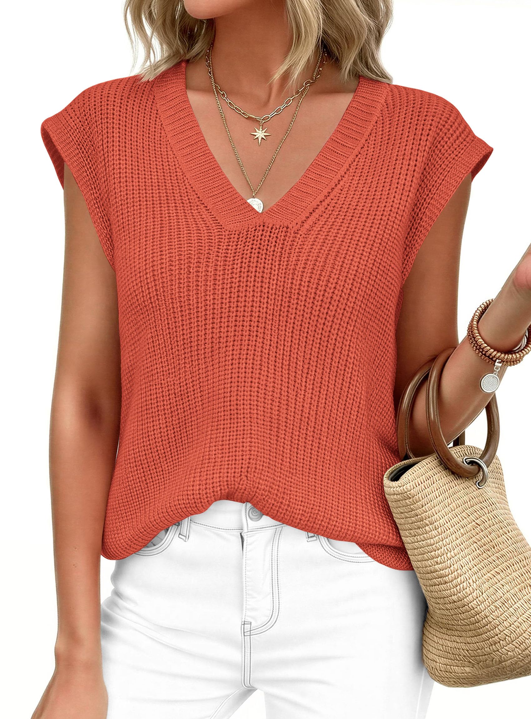 Women's Cap Sleeve Sweaters Vest Summer Tops (Orange,S)