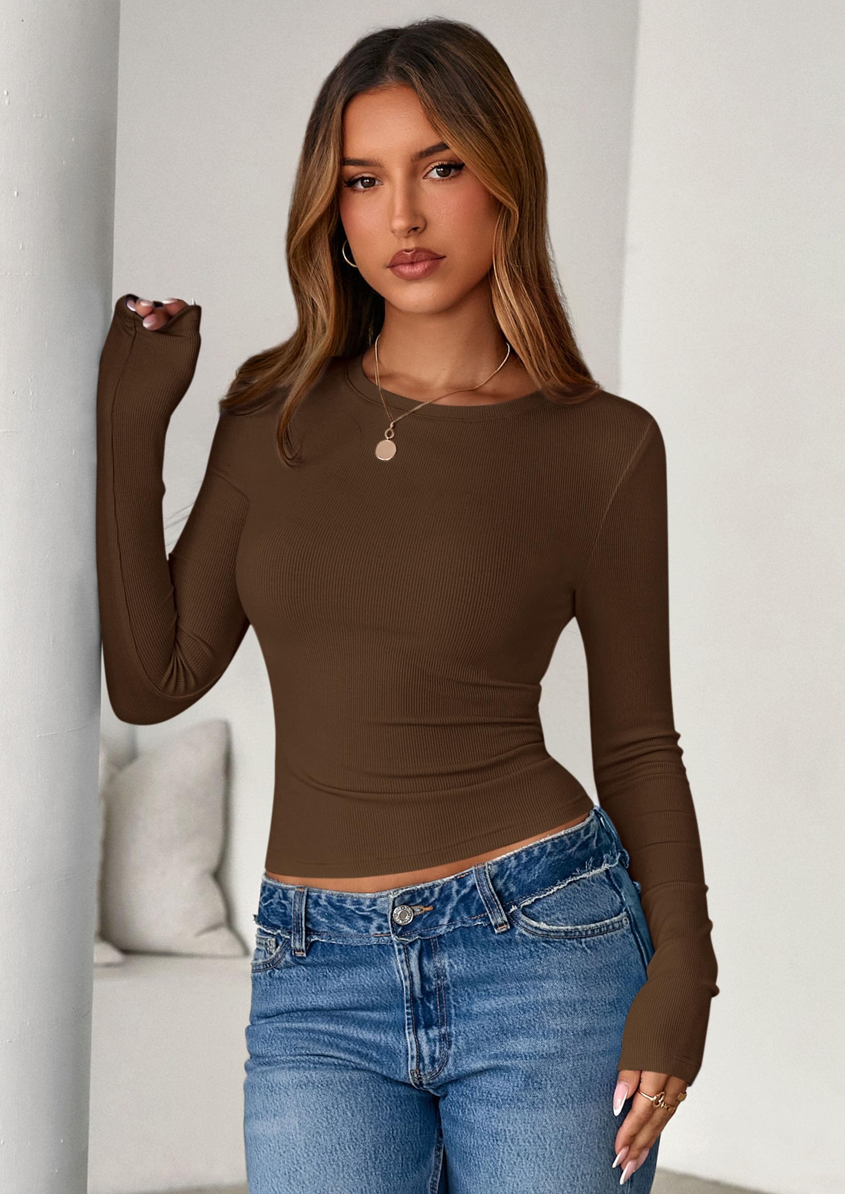 Women's Fall Long Sleeve Shirts Basic Tees (Brown,XS)
