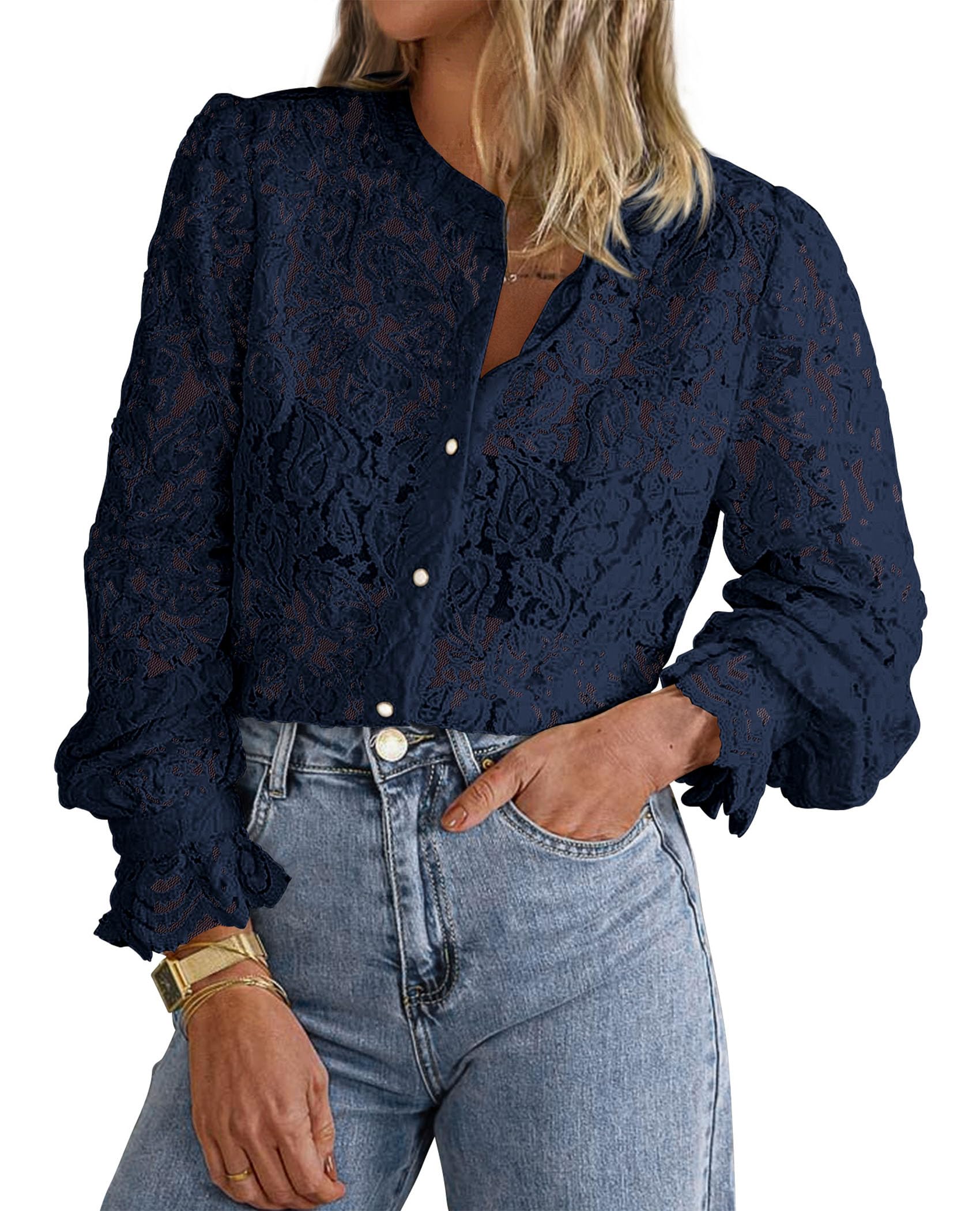 Women's Fall Trendy Long Sleeve Lace Tops(Navy,Small)