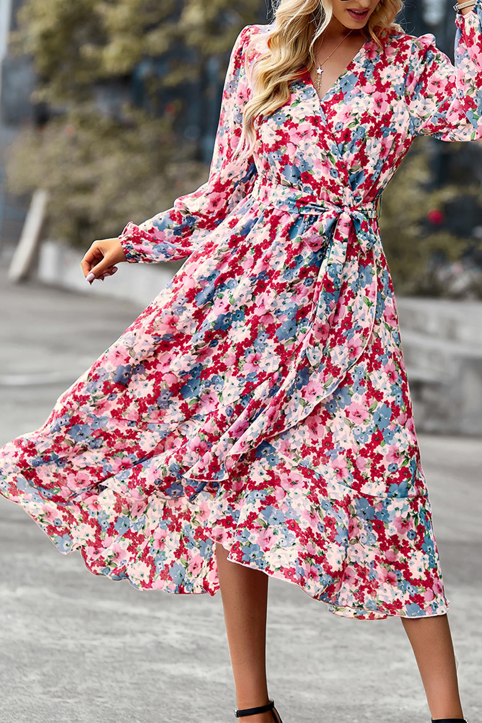 Women's Floral Boho Long Sleeve Maxi Dress, Floral Pink,S