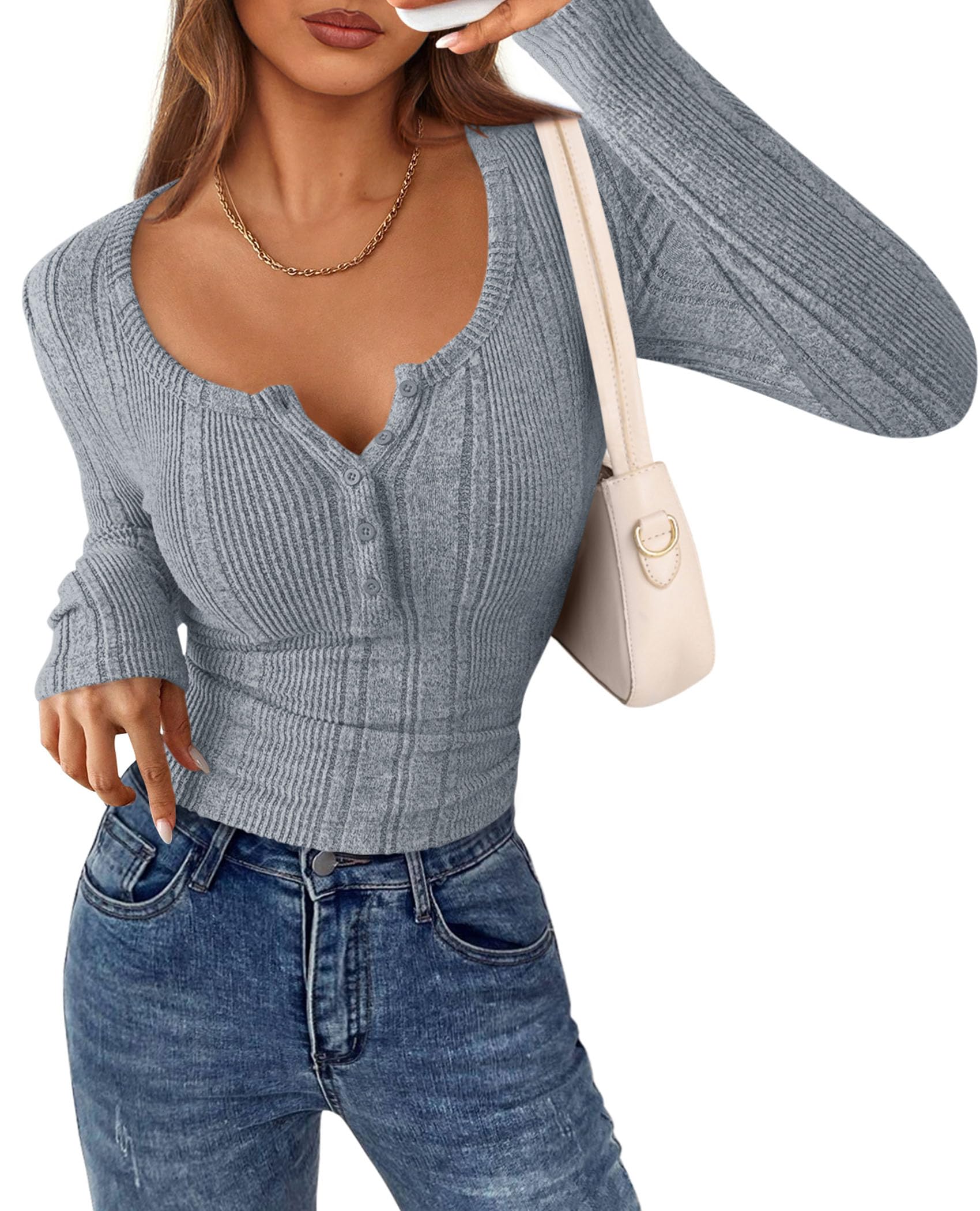Women's Long Sleeve Tops Ribbed Henley Shirts,Dusty Blue,XS