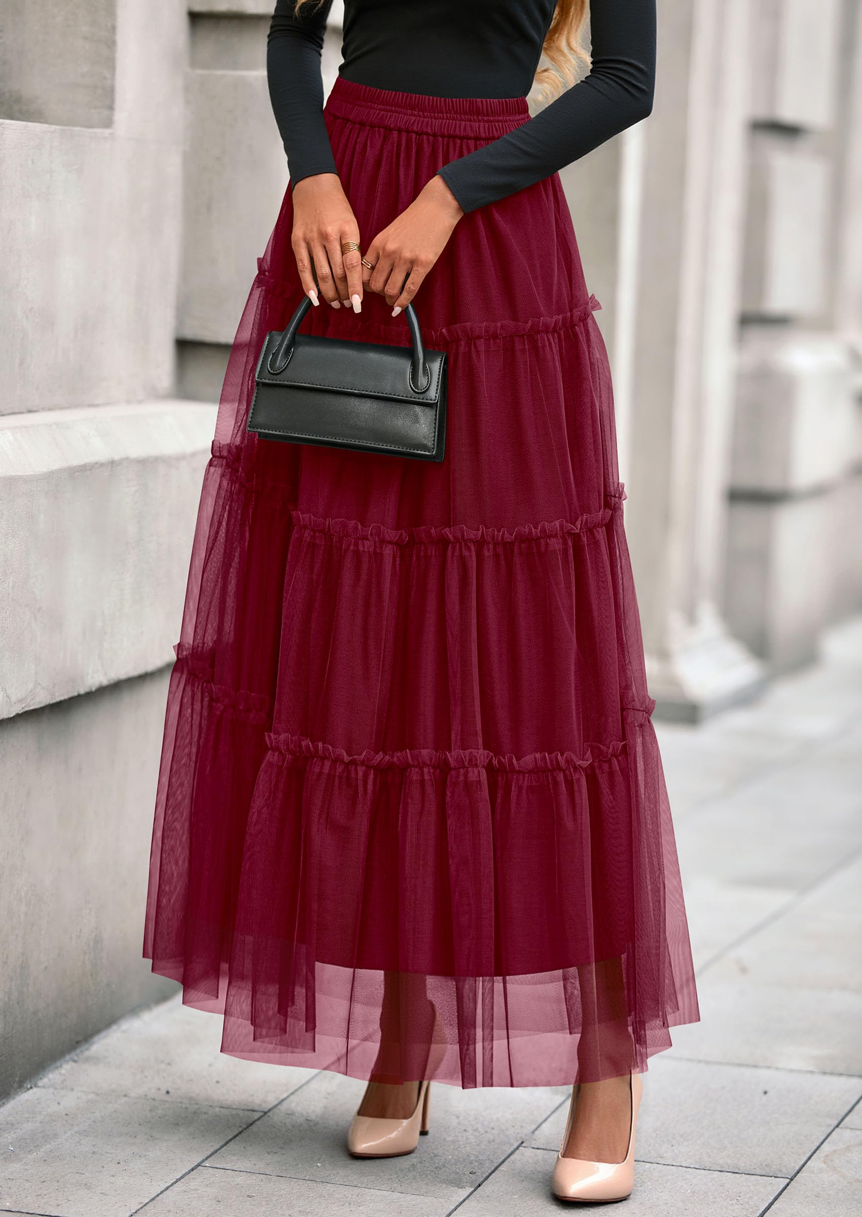 Women's Fall Soft Tulle Tiered Long Skirt,Burgundy,S