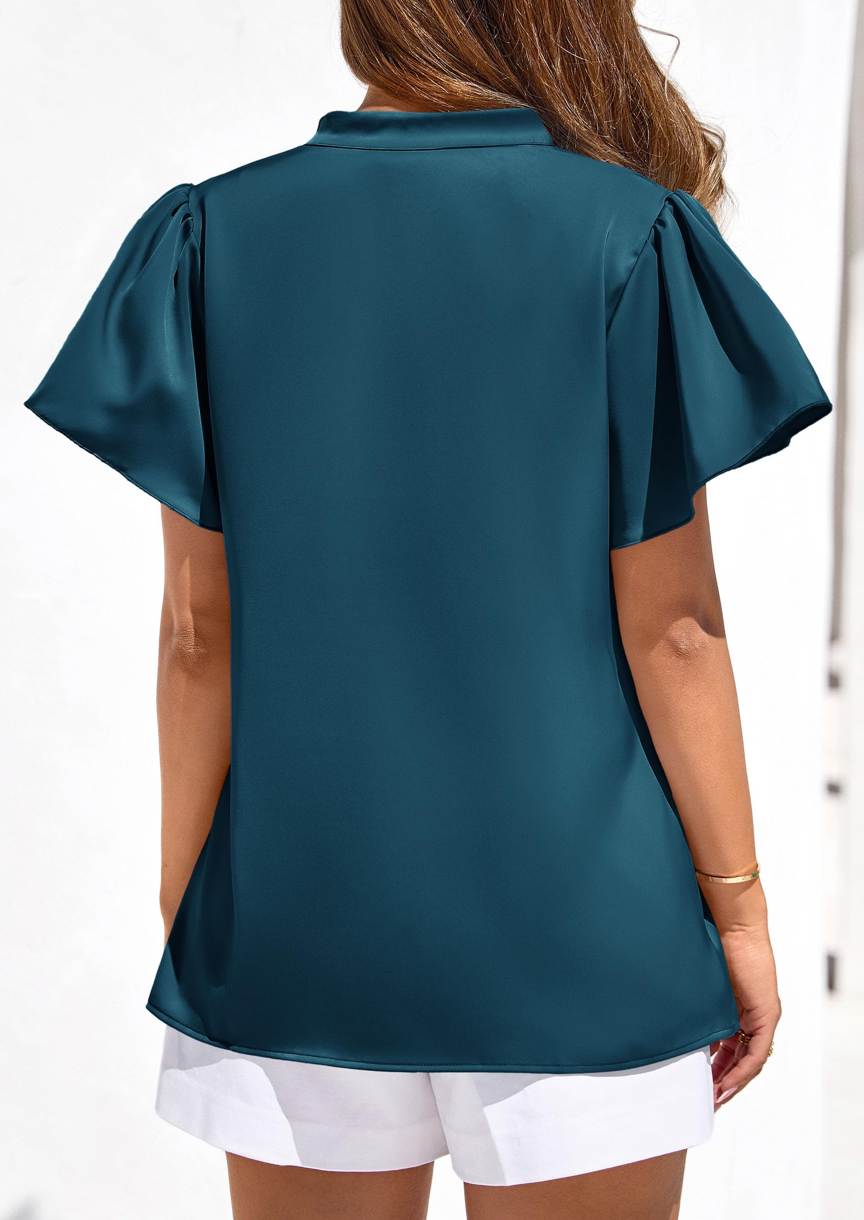 Women's Summer Satin Dressy Casual Blouses (Dark Blue,S)