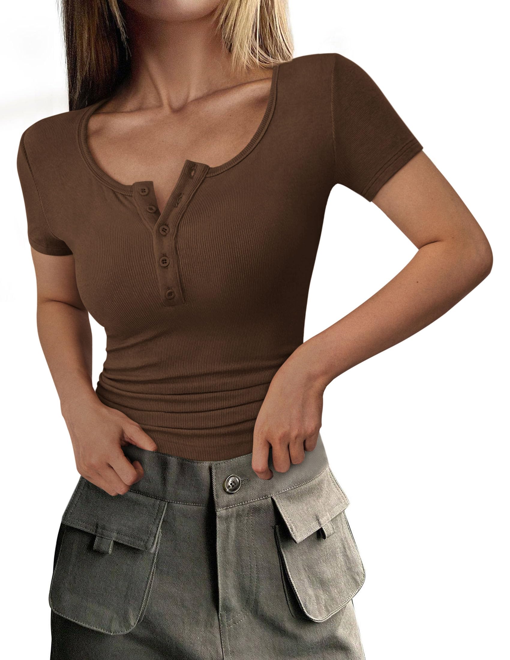 Women's Summer Tops Henley Tee Shirts (Coffee,X-Small)