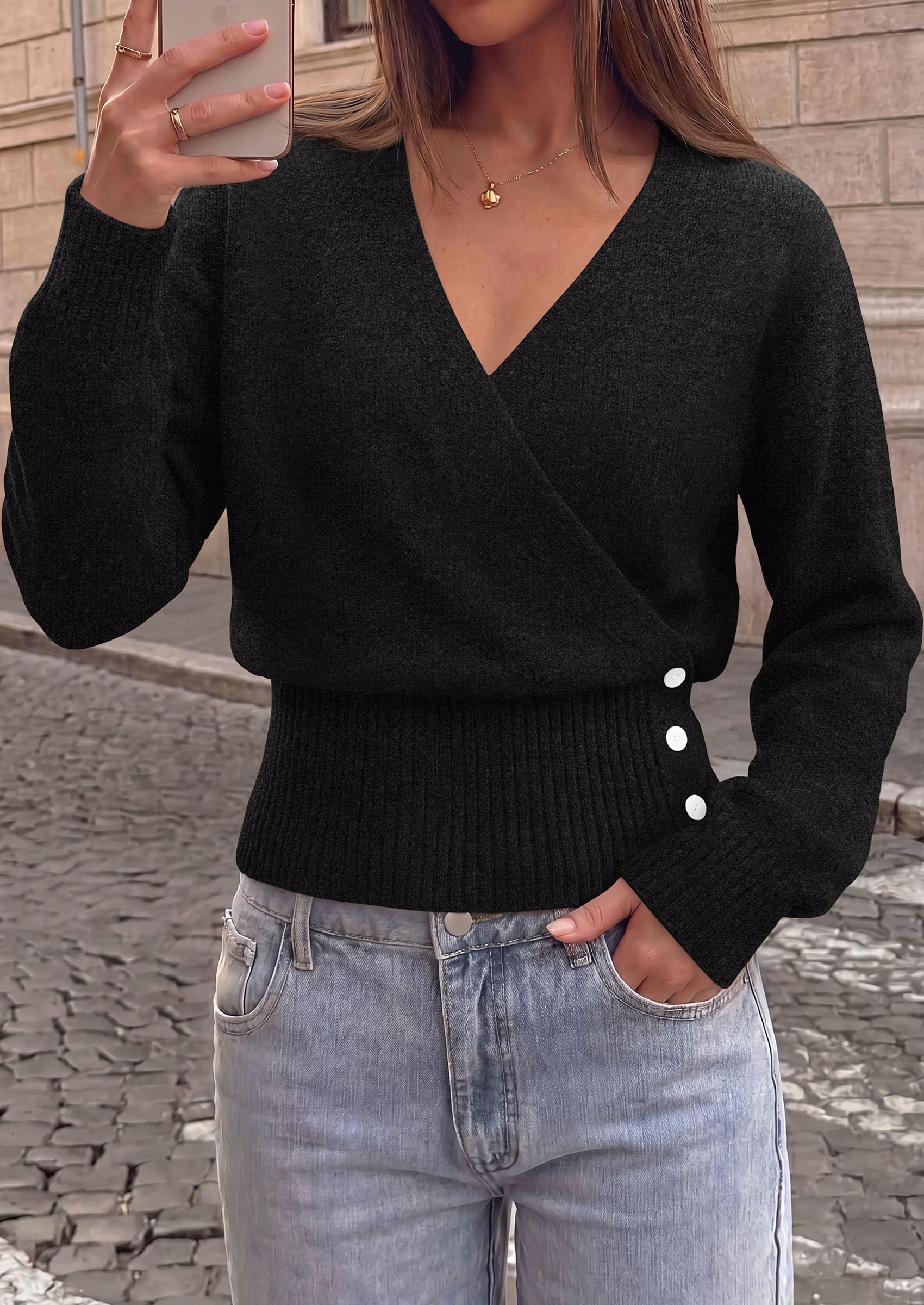 Women V Neck Wrap Sweater Cropped Tops (Black,S)