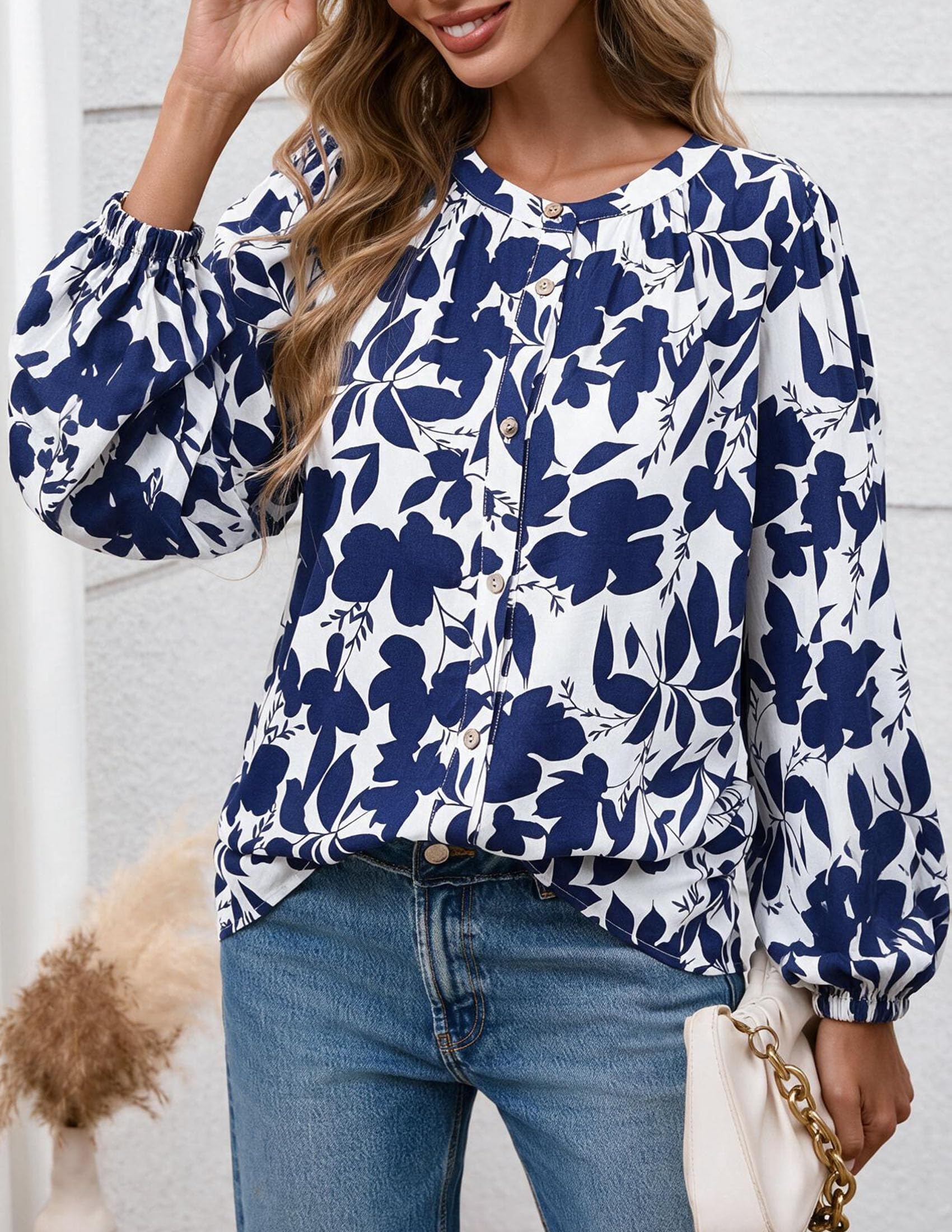Women's Boho Tops Fall Long Sleeve Button Down Floral Blouses