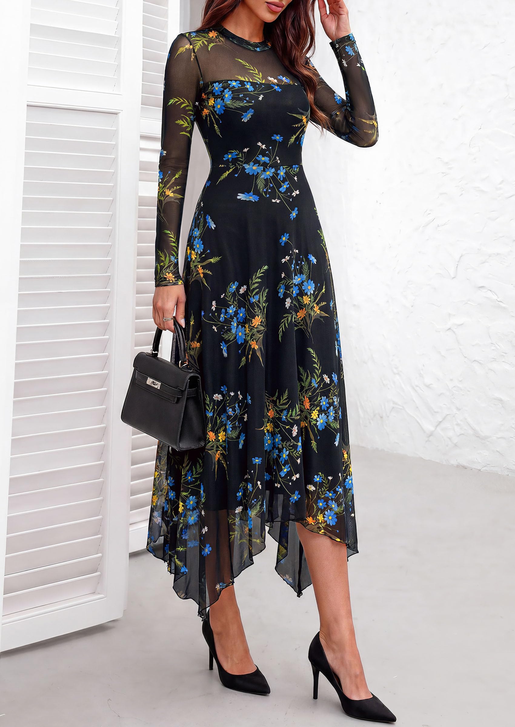 Women's Floral Mesh Midi Dress,Floral Black Blue Yellow,S