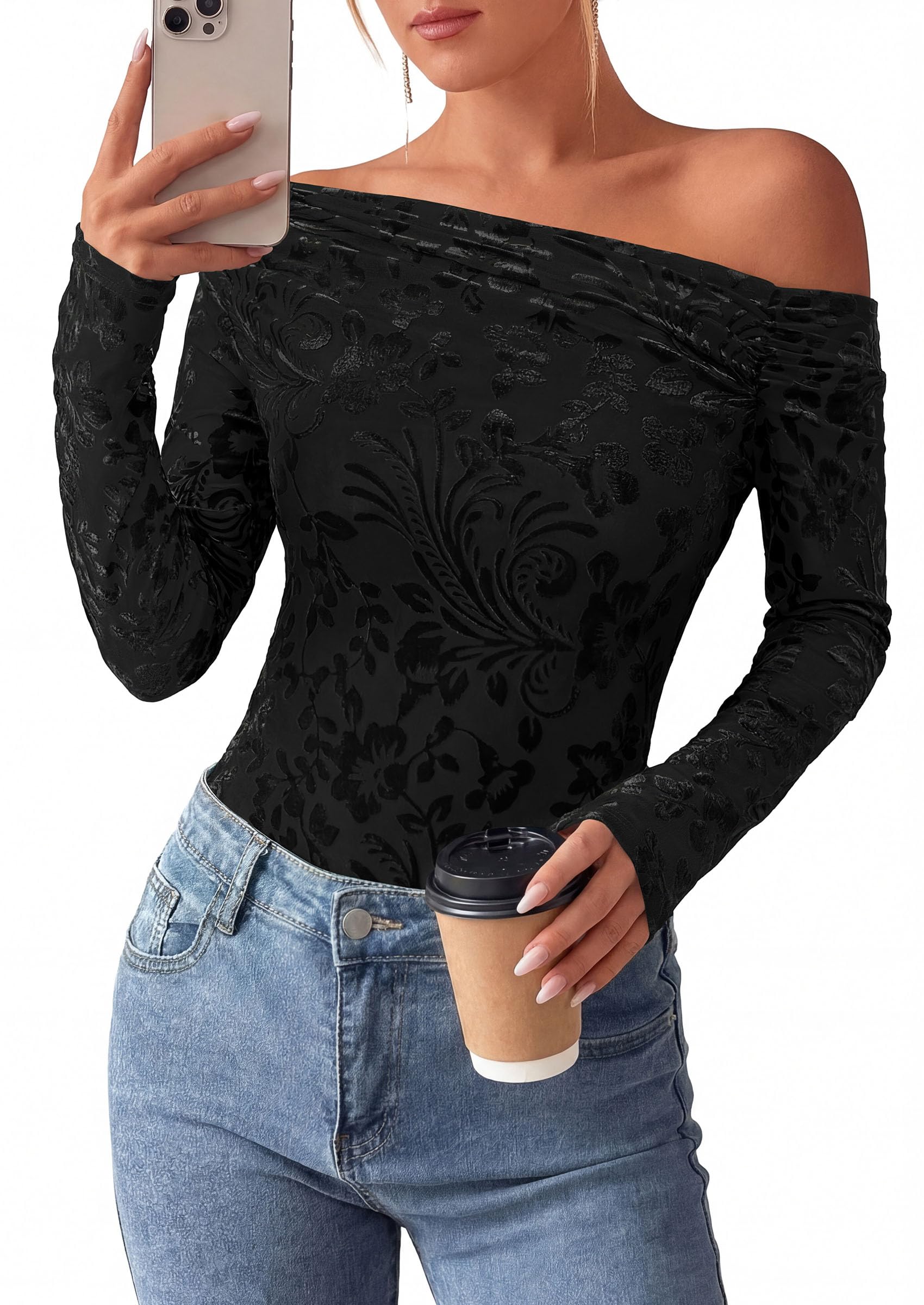 Off the Shoulder Tops for Women Fall Mesh Floral Blouses Black