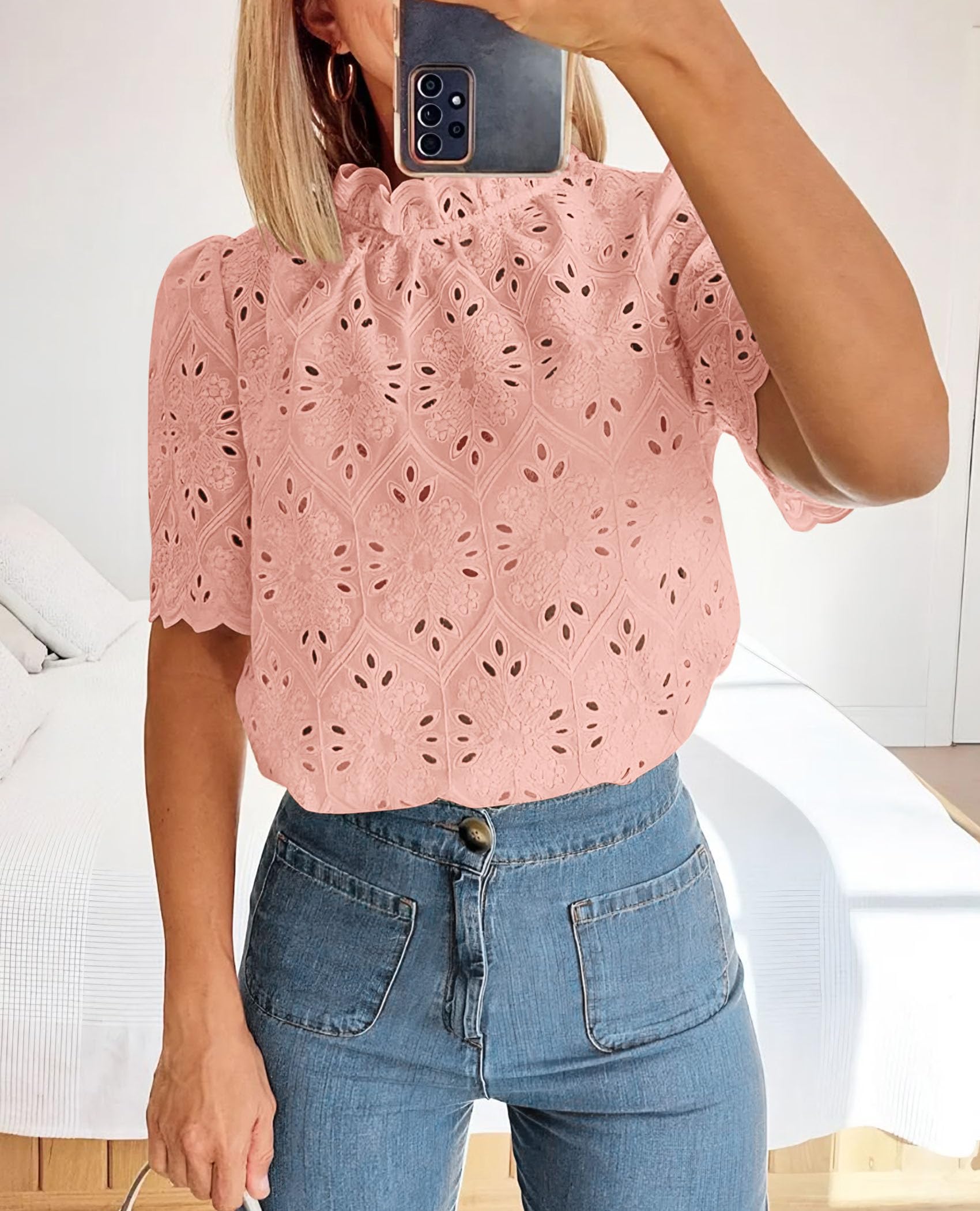 Women Summer Tops Eyelet Embroidered Shirts,Pink,XS