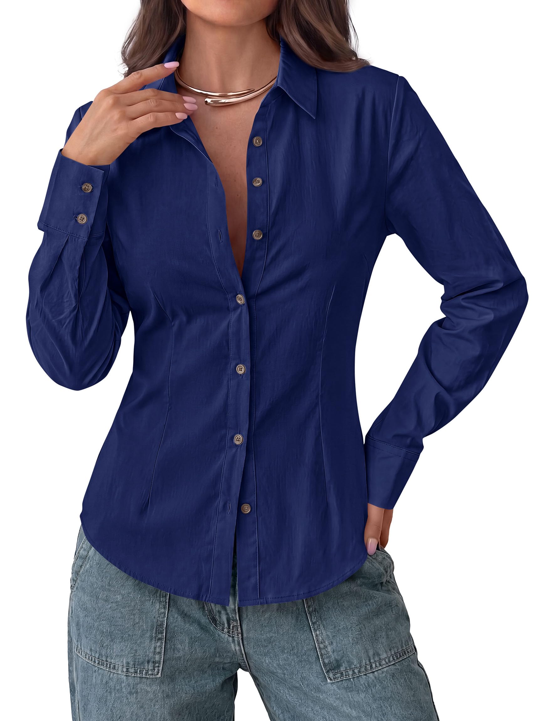 Womens Button Down Shirts Long Sleeve Blouse (Navy,S)