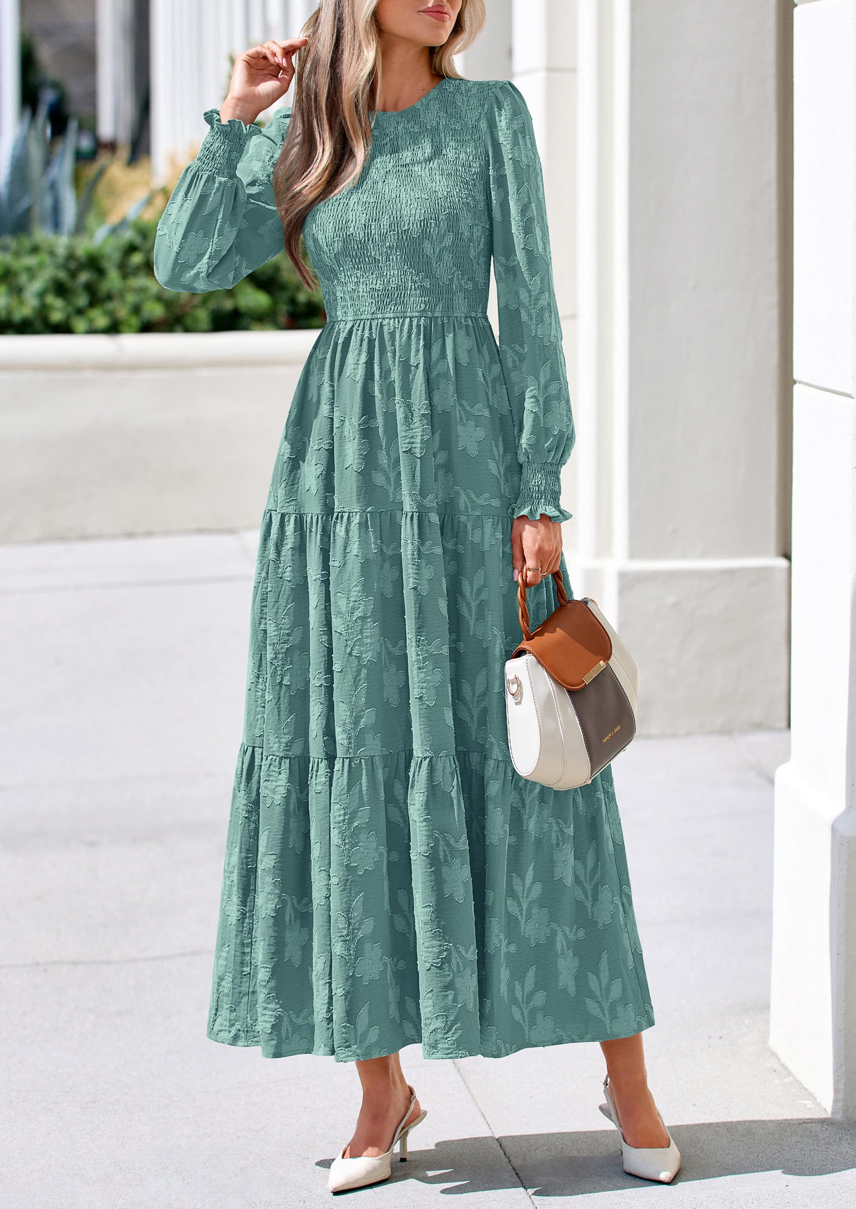 Fall Floral Long Sleeve Wedding Guest Dress for Women Pockets