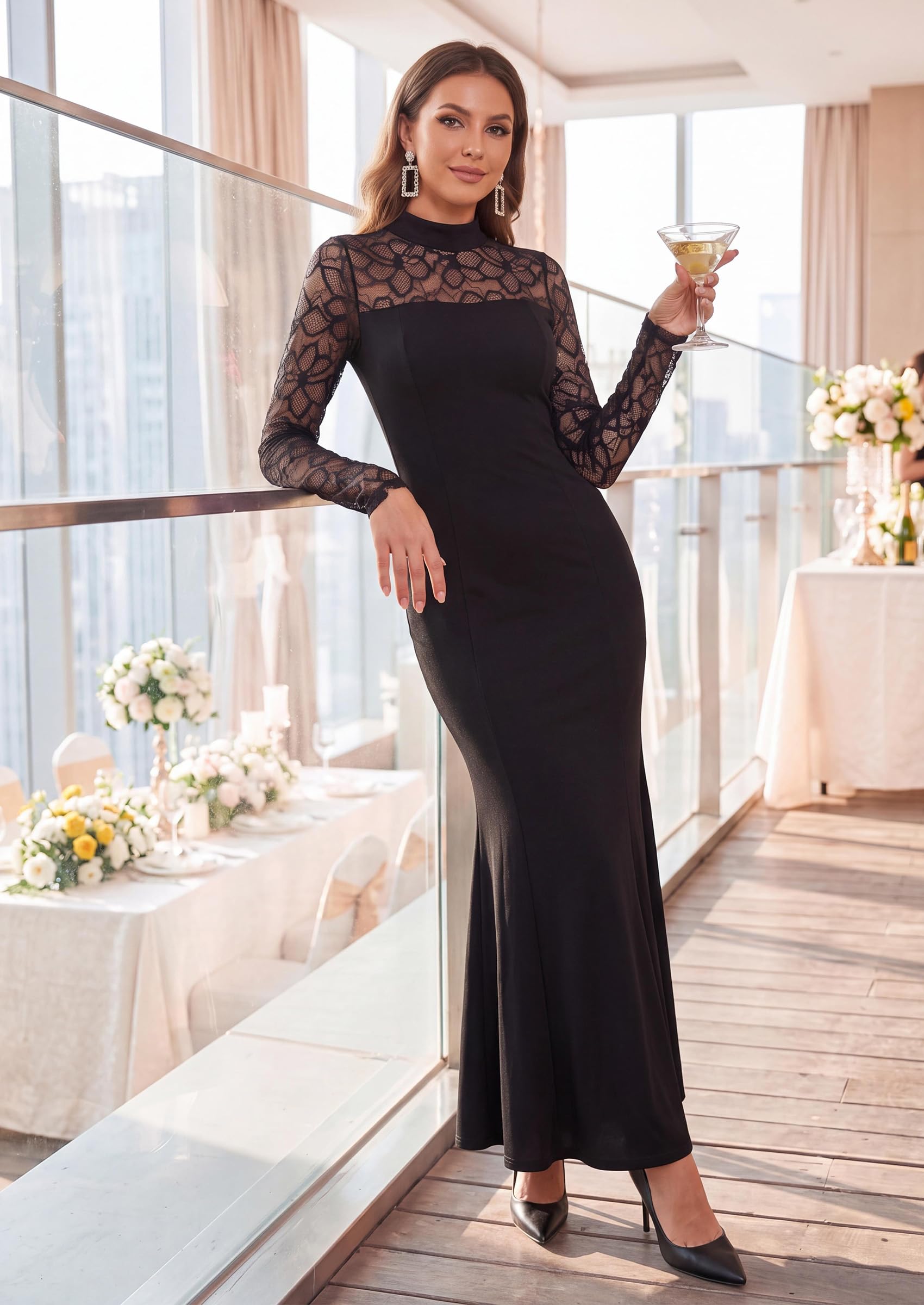 Women's Fall Lace Sheer Dress Bodycon Maxi Cocktail Dresses