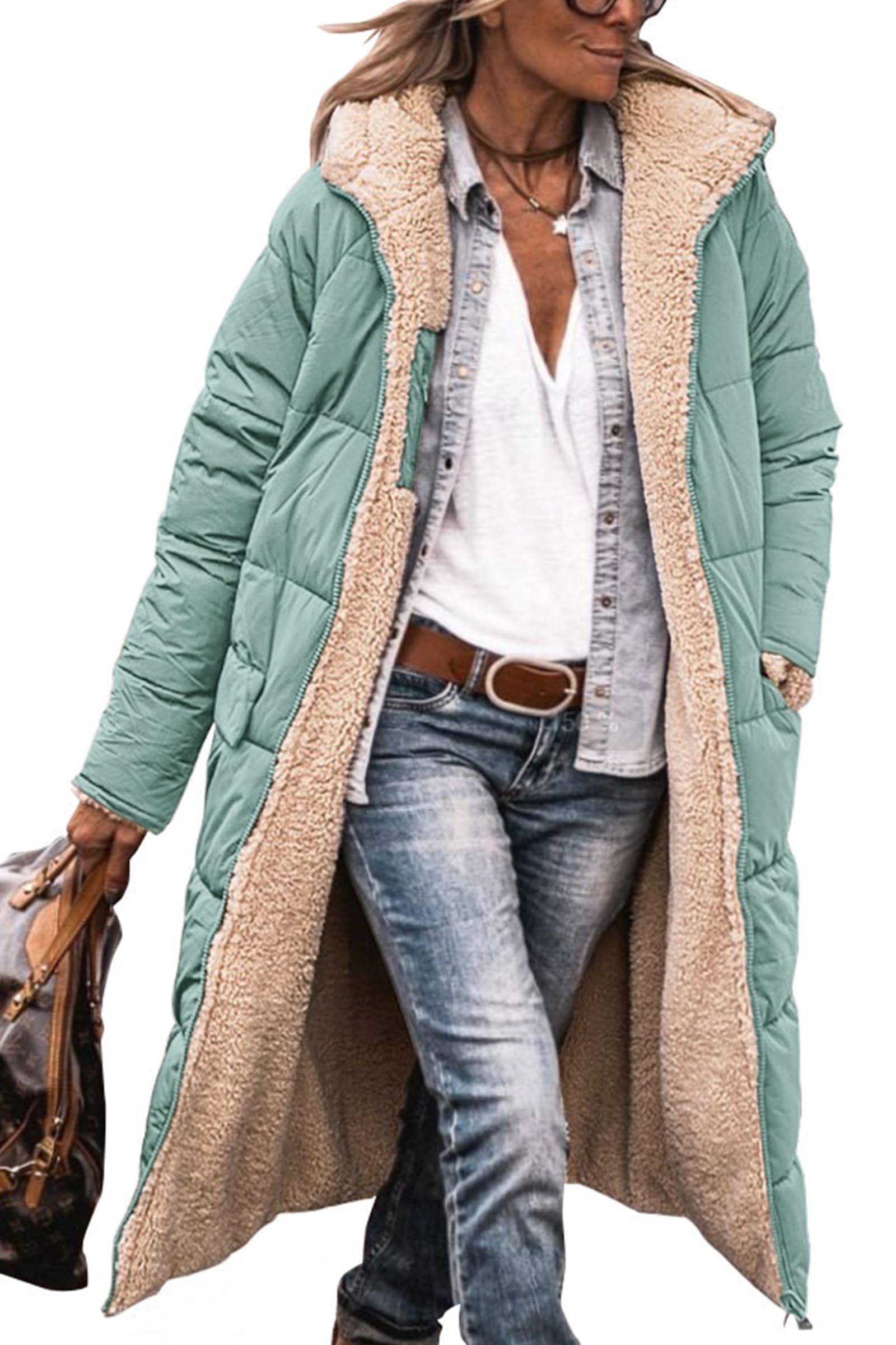 Women's Winter Fleece Warm Long Coats(Grey Green,Small)