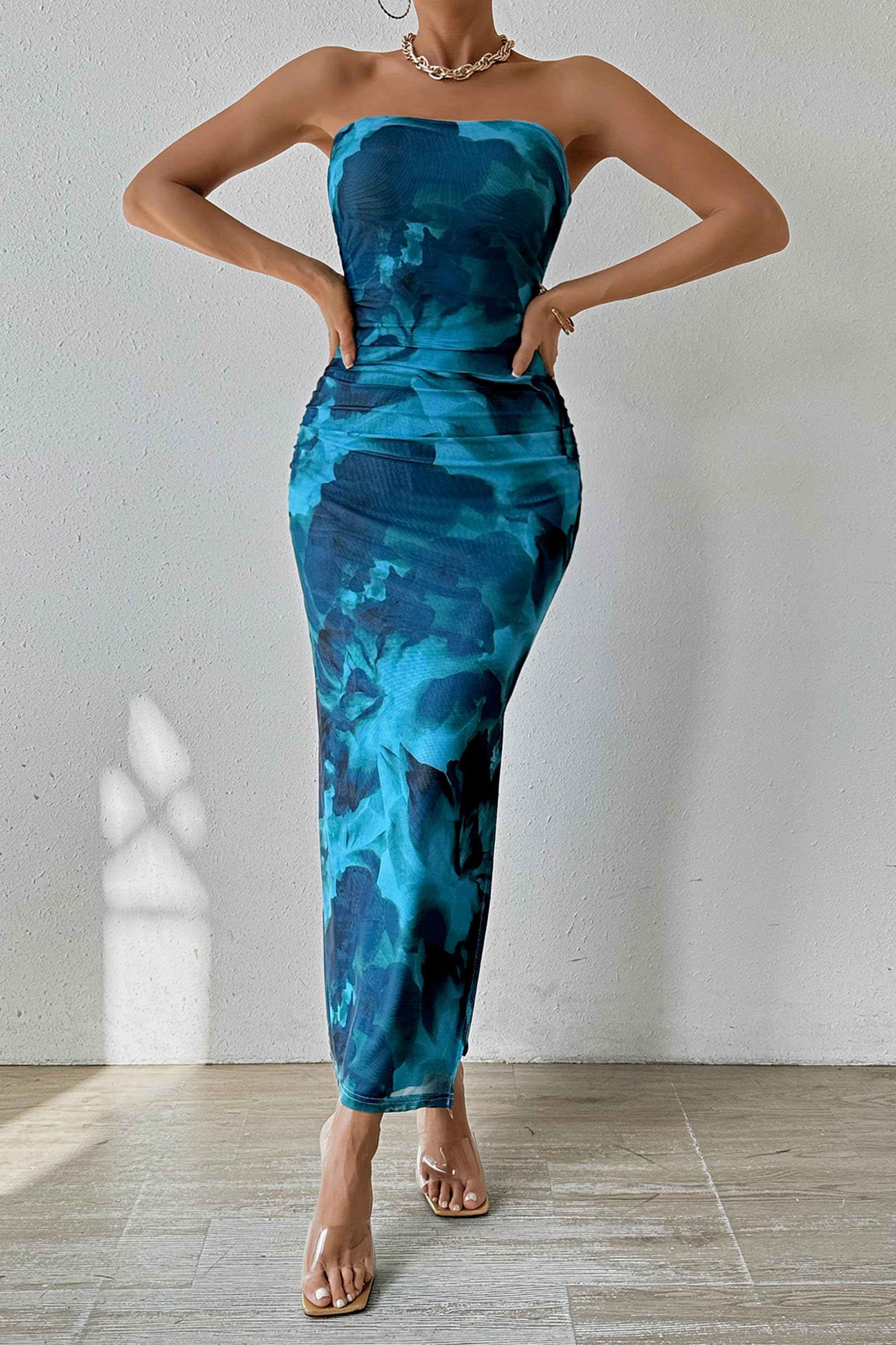 Womens Strapless Bodycon Floral Maxi Dress, Print Lake Blue,S