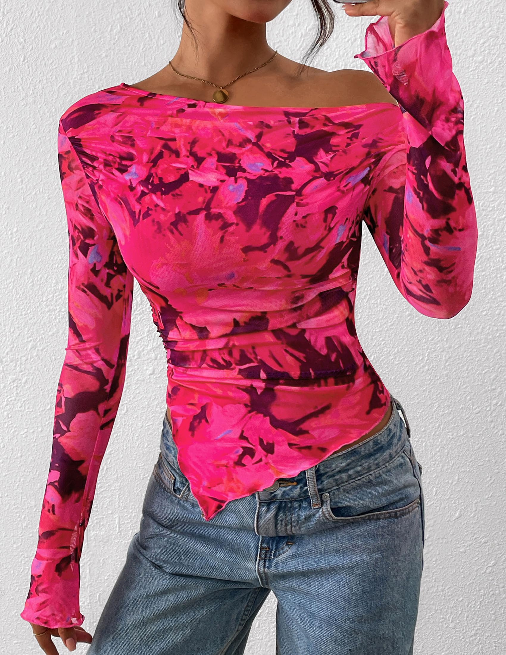 Womens Off Shoulder Mesh Y2k Tops,Floral Rose Red,XS