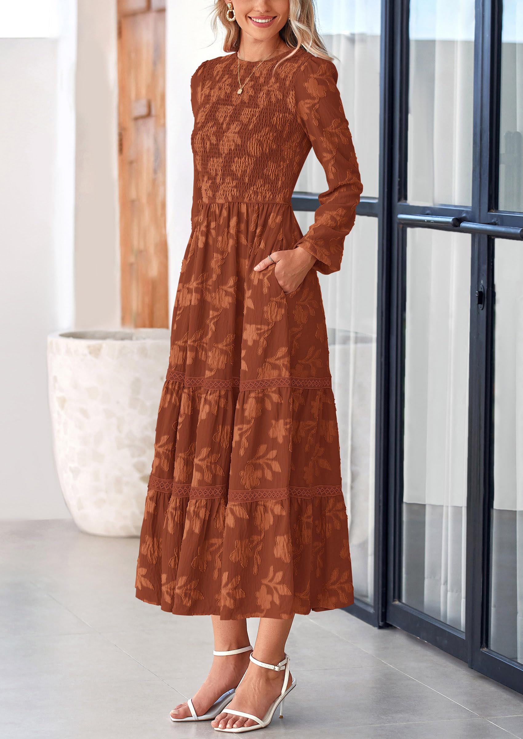 Women's Long Sleeve Boho Floral Midi Dress, Brick Red,S