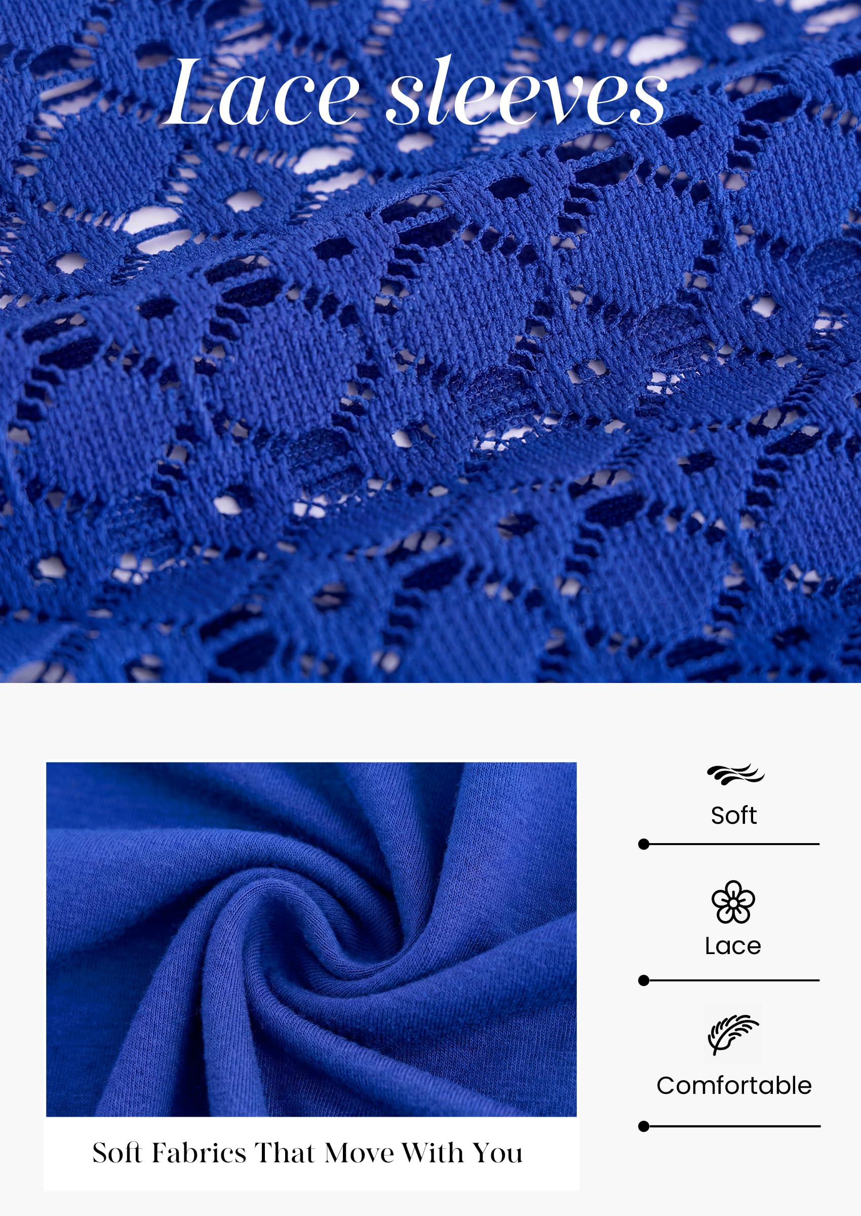 Women's Long Sleeve Shirts Fall Lace Tops,Royal Blue,S
