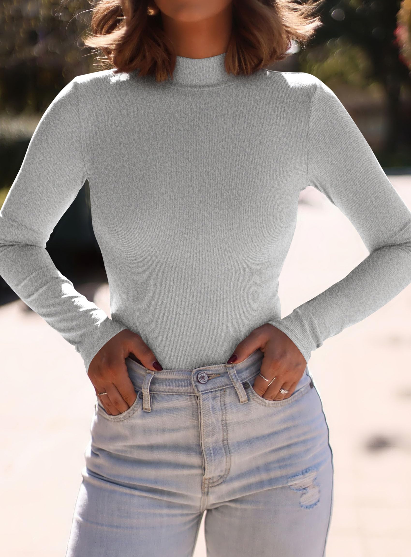 Womens Mock Turtleneck Fall Long Sleeve Shirts,Grey,XS