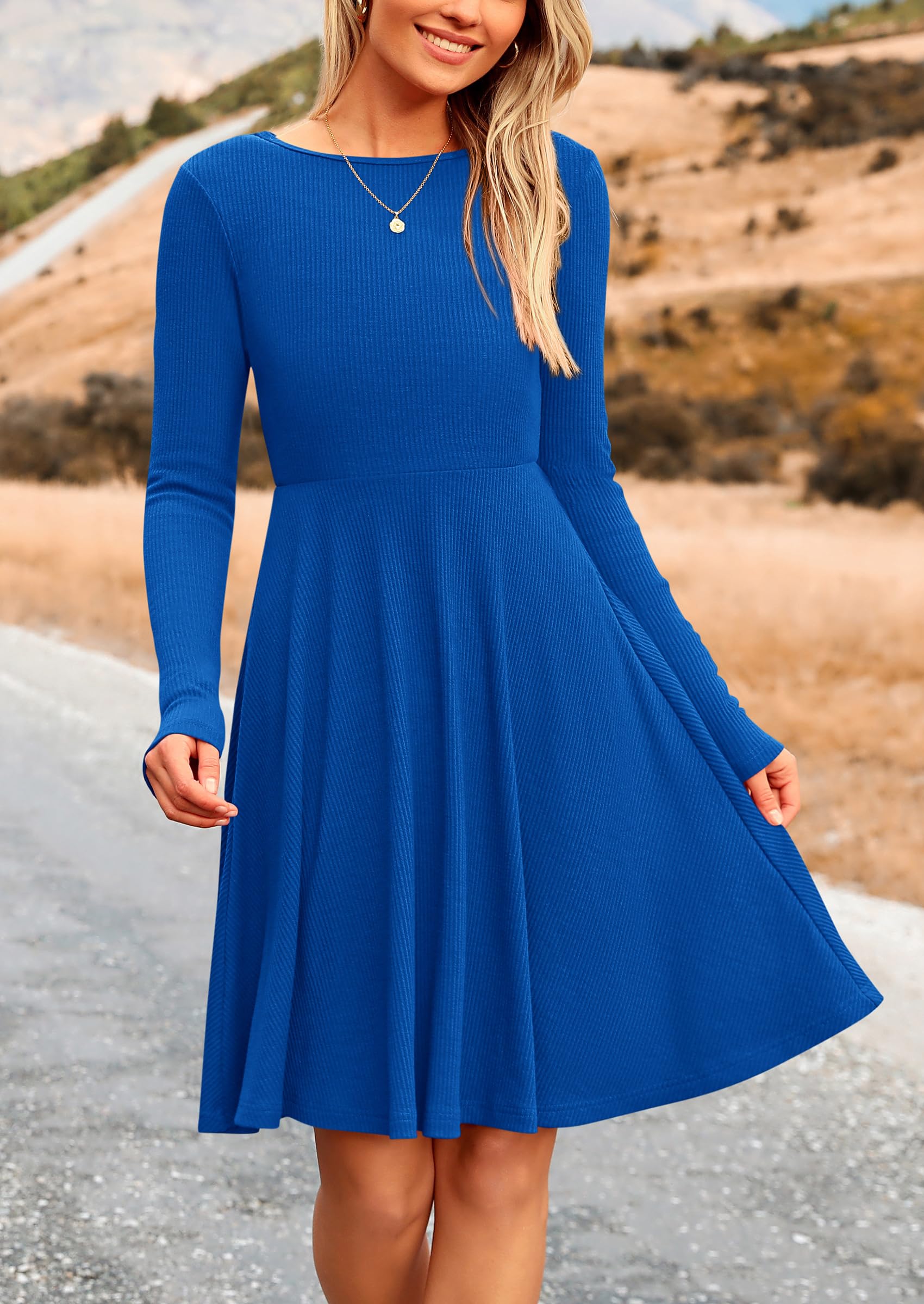 Women's Fall Casual Long Sleeve Short Dress (Blue,S)