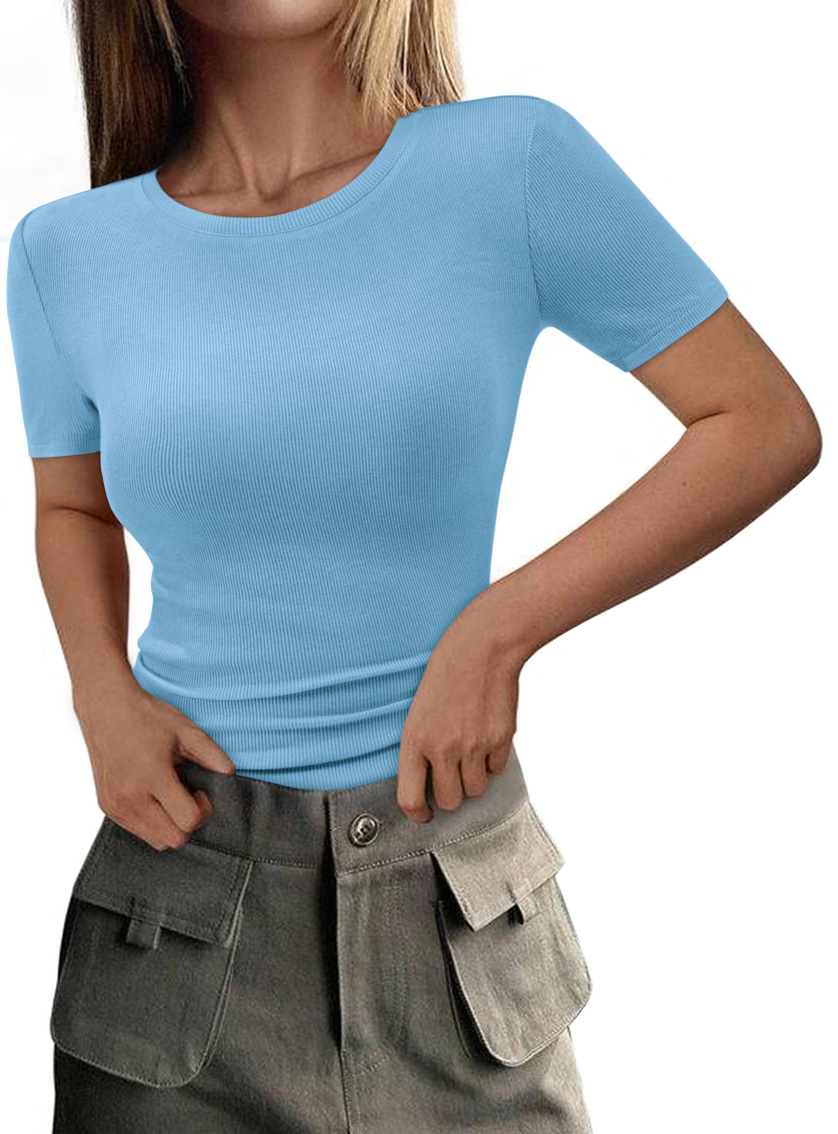 Womens Short Sleeve Slim Fit Basic Shirts,Light Blue,M