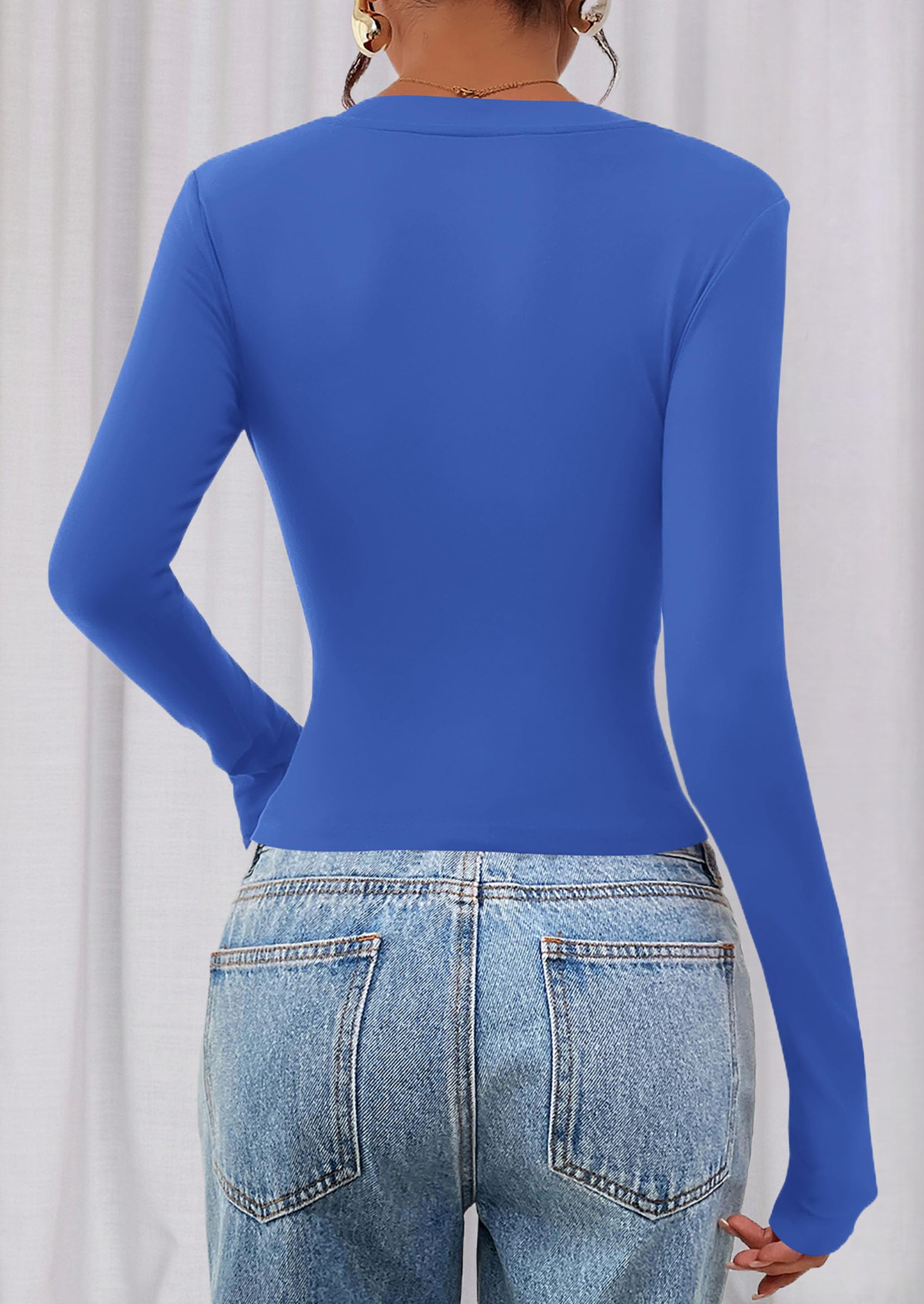 Womens Long Sleeve Slim Fit Crop Tops,Blue,XS