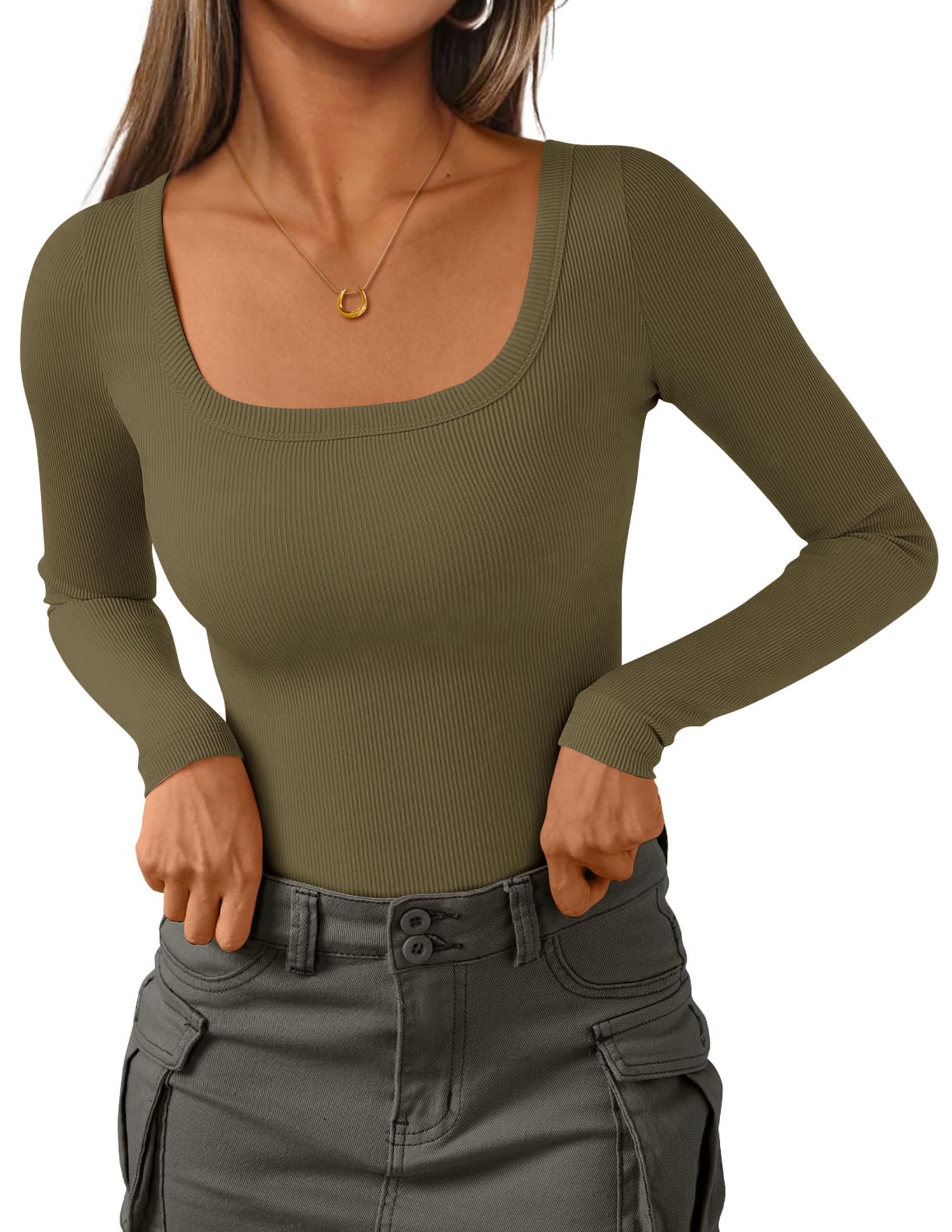 Square Neck Long Sleeve Shirts for Women Army Green,XS