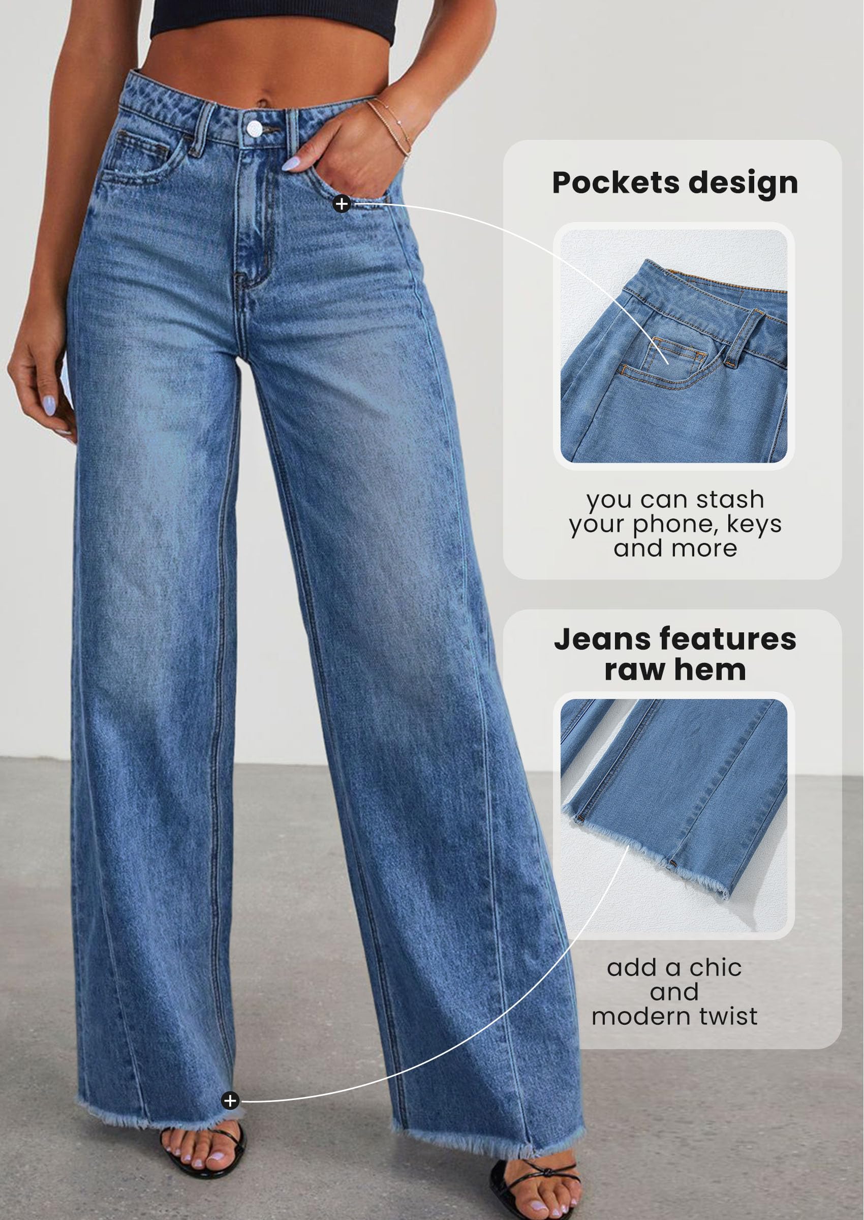 Women's Wide Leg Jeans Raw Hem Denim Pants,Dark Blue,4