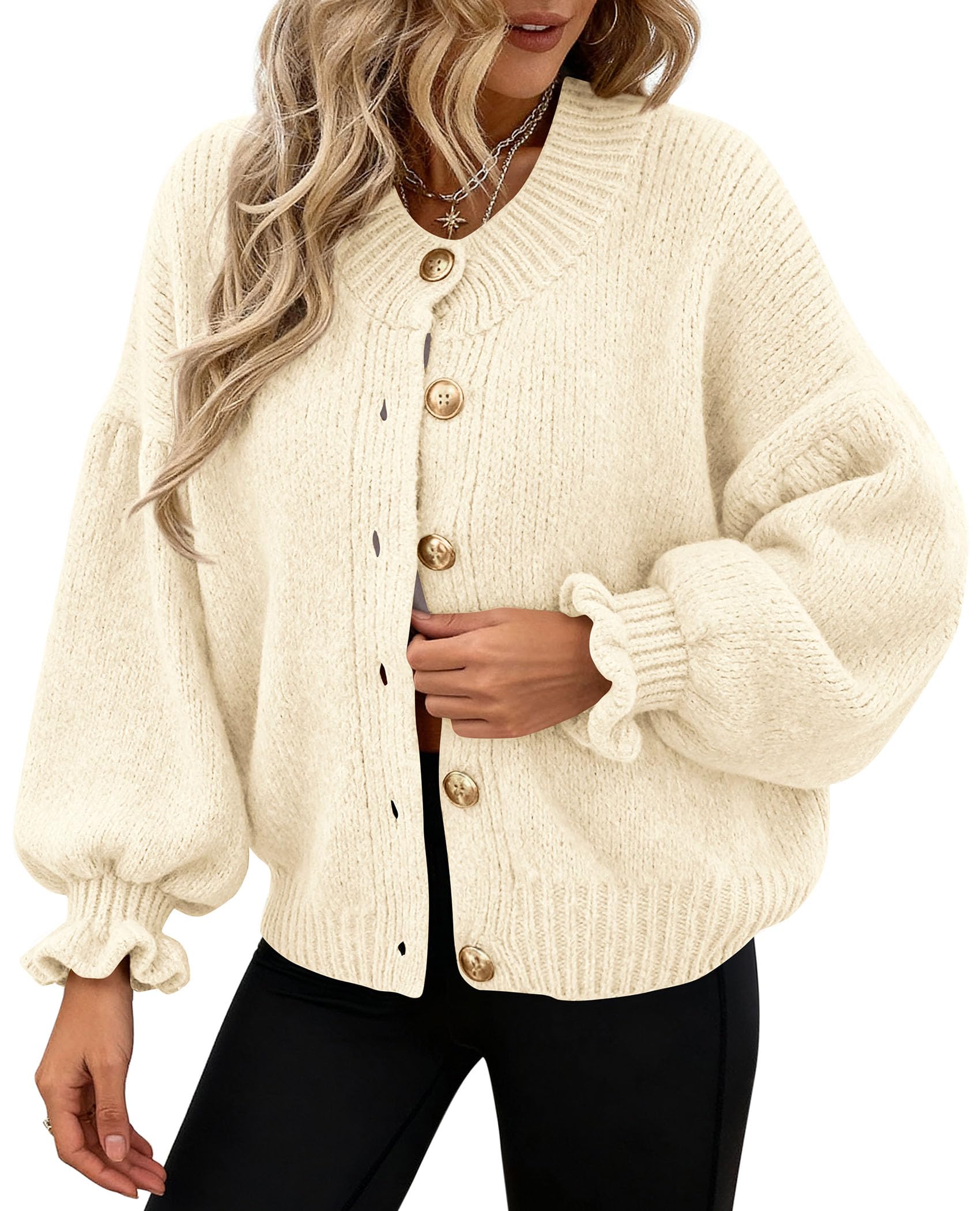 Womens Long Sleeve Chunky Knit Cardigan Sweaters,Beige,S